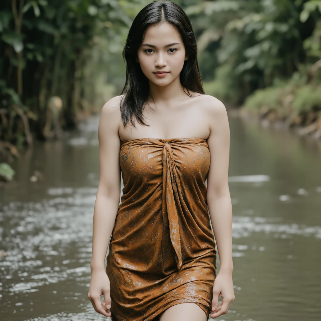 best quality, masterpiece, ultra high res, (photorealistic:1.2), 1girl, (detailed face:1.2), (detailed eyes:1.2), (detailed hair:1.2), (detailed clothes:1.2), 4k, indonesian woman, wet hair, walking in very deep flooded village, wet, under the heavy rain, look at the viewer,