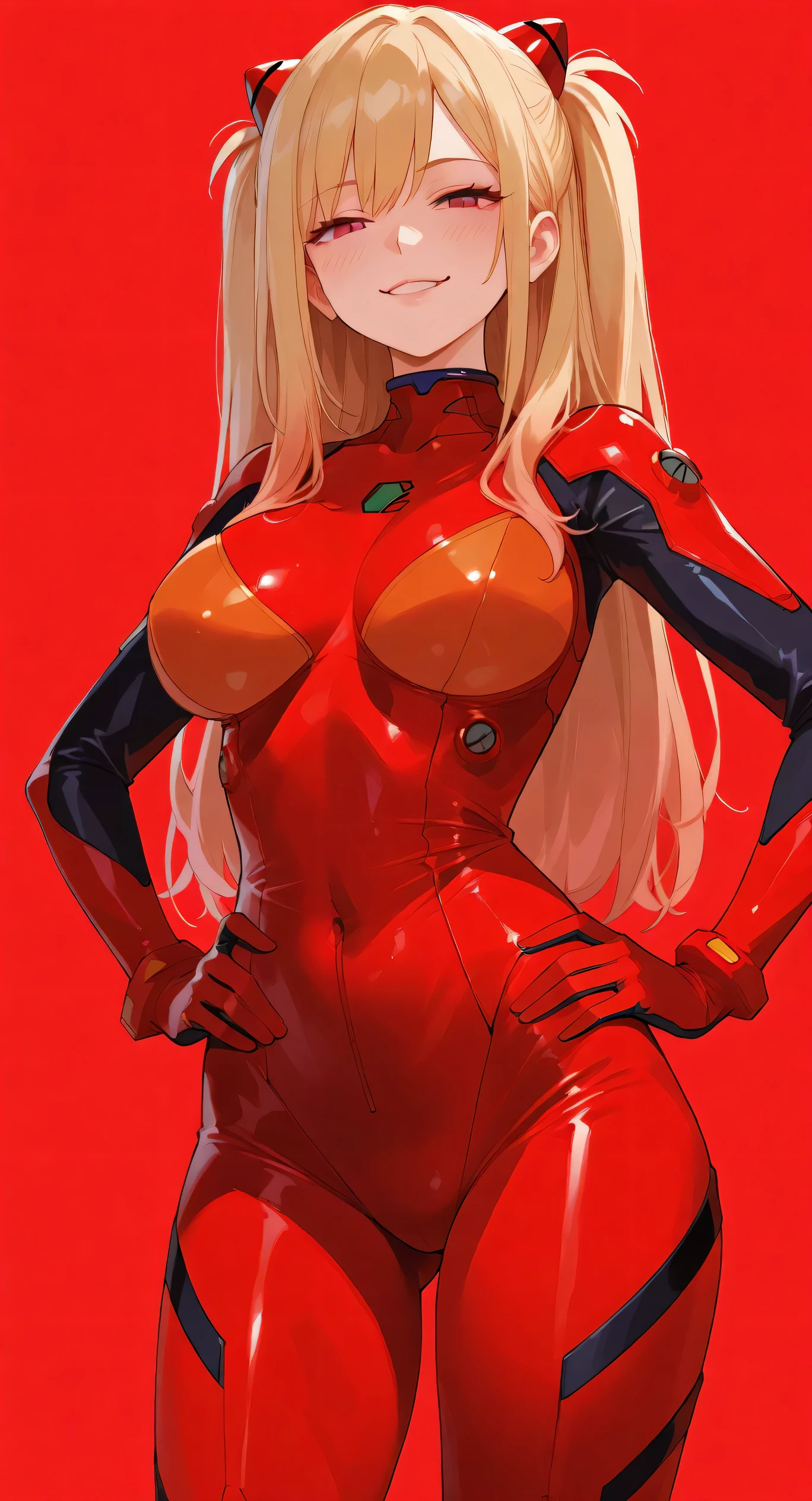 1girl, marin kitagawa, long hair, bangs, blonde hair, red eyes, multicolored hair, souryuu asuka langley \(cosplay\), bodysuit, pilot suit, plugsuit, red bodysuit, interface headset,,red background, smile, hands on hips,, cowboy shot, dutch angle, big breasts, egocentric smile, smile, evil smile,bent over, half closed eyes masterpiece, best quality, good quality, newest