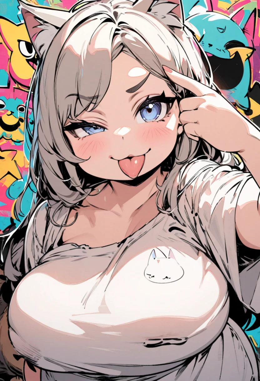 rough sketch manga painting style, cute plump cat, akanbe, eyelid pull, tongue out, finger to eye, hand up, :p, index finger raised, cute facial expression, pop art background, ultra detailed, absolutely resolution, masterpiece