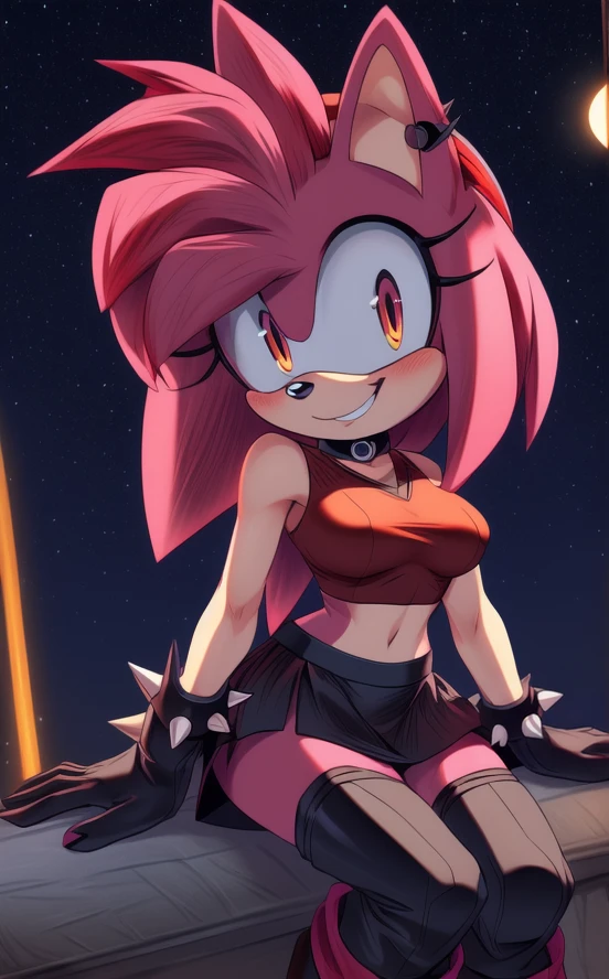 ((masterpiece)) ((UHD)) 4K, High detailed, ((detailed shadowing)) Female anthropomorphic hedgehog, Amy Rose, mobian, bright pink fur, furry, Anime style art, Studio Quality, Atractive, gorgeous body, Close-up portrait, Best Quality, High resolution, breasts, midriff, multicolored hair , pink messy, frizzy, short Punk Hair with red highlights, ((red hair bow)), long bangs, orange eyes, ((red crop top)), ((red spike bracelets)), ((long black gloves)) black choker, earrings, ((red skirt with black vertical stripes)) , ((long red punk boots with black stripes)) ((red stockings with black stripes)) , creepy smile, wide-eyed, crazy, bonkers, unhinged, Looking at viewer, sitting ((nighttime)) ((starry sky)) ((ambient lighting)) (cinematic lighting)) creepy carnival background