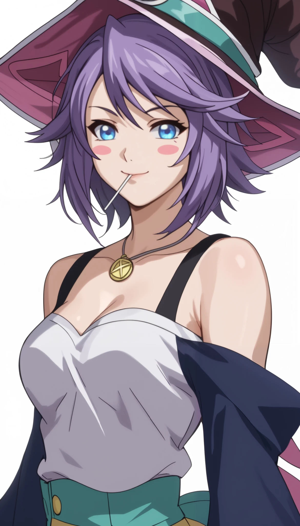 mizore shirayuki, short hair, blue eyes, purple hair, lollipop, swept bangs, medium breasts, bare shoulders, blue footwear, blush, blush stickers, cleavage, collarbone, duel monster, hat, off shoulder, pentacle, wizard hat, light smile,Shiny Hair、Tight waist、Small waist、Glowing Skin、(white background:1.2)、eight-headed body、Beauty、