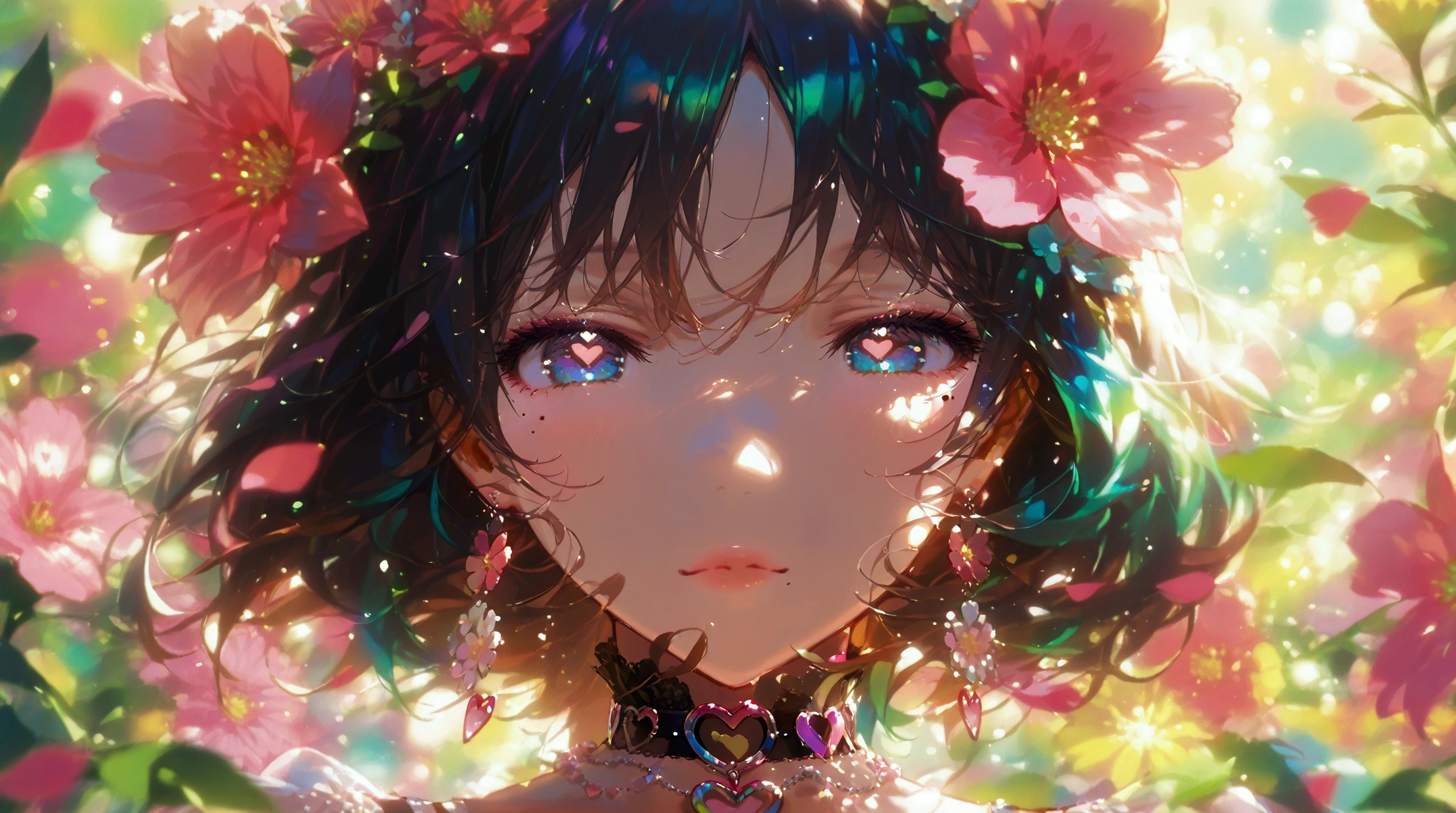 ,beautiful flower 々）, mole under eye,  heart shaped choker , (masterpiece,  top quality ),  Official Art,  beautiful and aesthetic : 1.2), ( 1 girl),  very detailed, (Geometric Art: 1.3),  colorful 