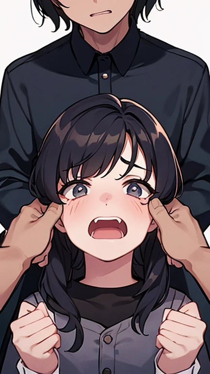 1girl, closed eyes, crying,head rub, chibi,incoming headpat, pov hands,