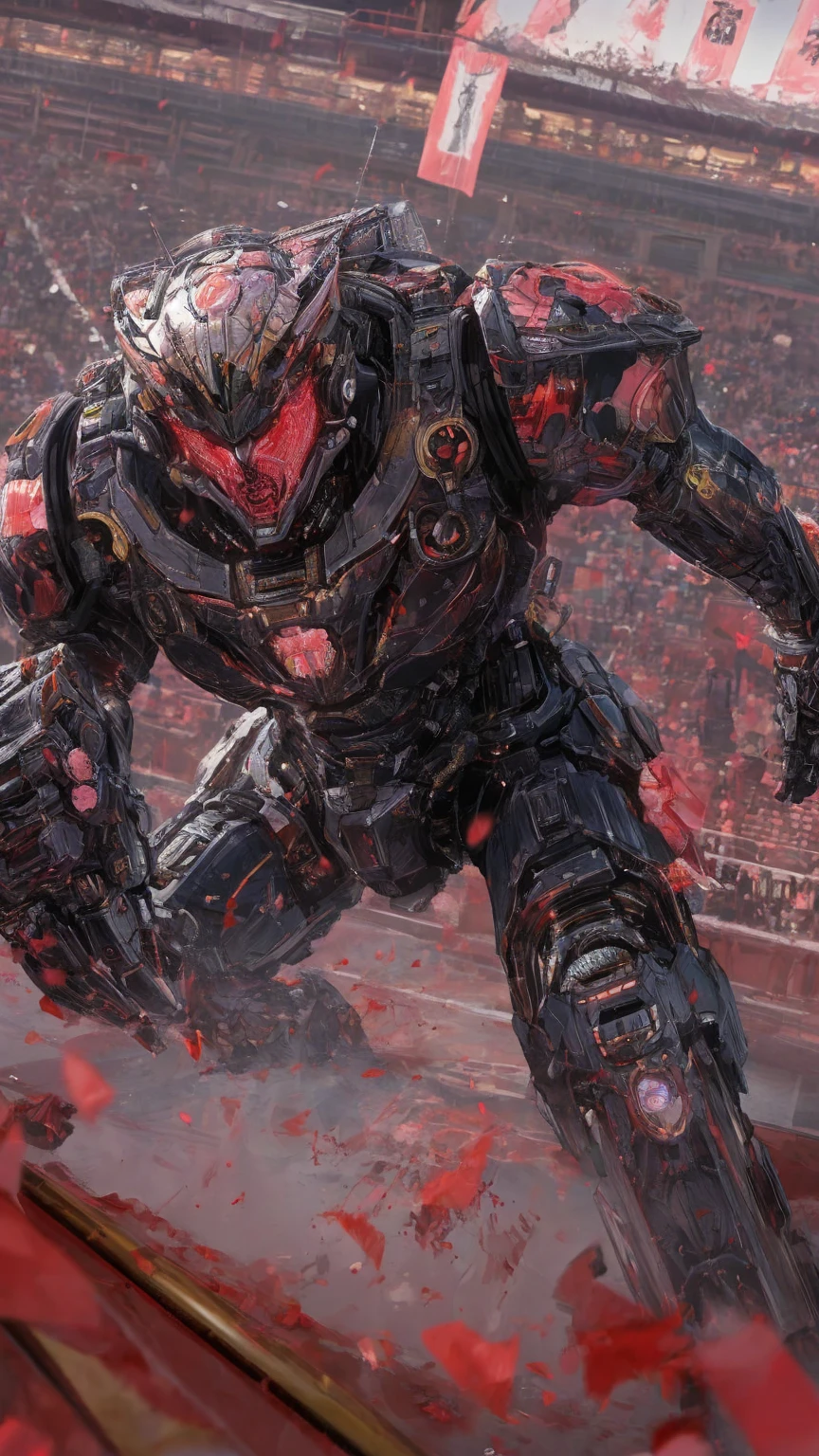 (best quality, elaborate details:1.2), robot gladiator, humanlike mecha, combat arena, dramatic angle, elaborate details, photorealistic illustration