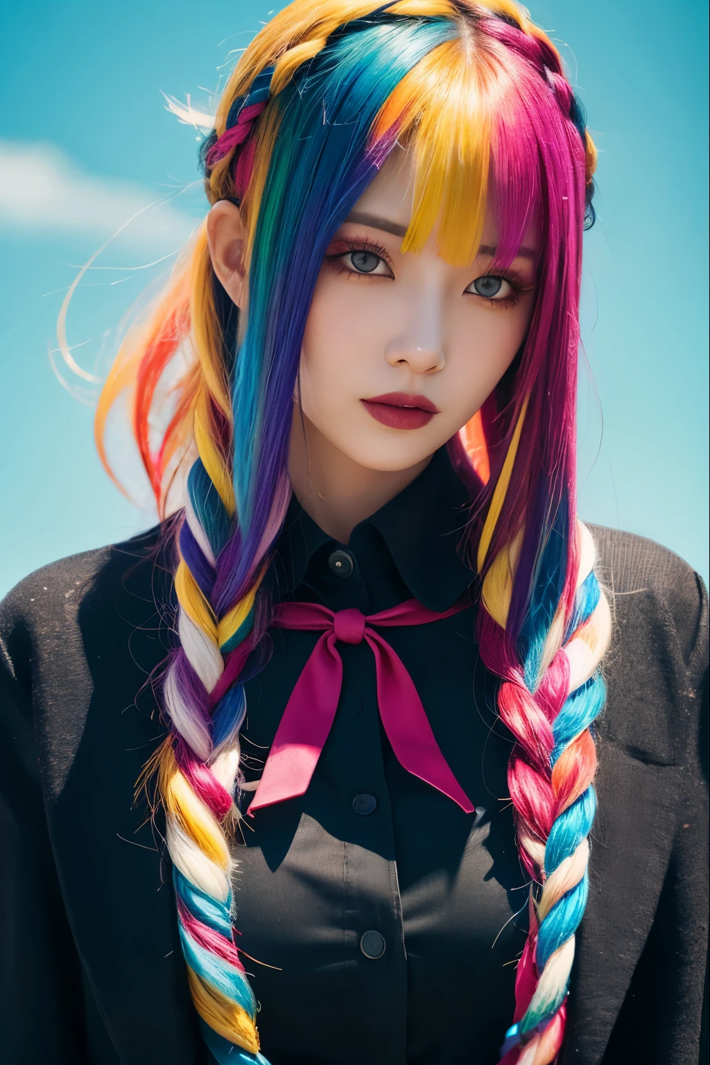 schoolgirl, beautiful detailed eyes, colorful, vivid colors, ((7girls: 1.5)), absurdity, top quality, striped hair, schoolgirl, latest fashion, (graffiti: 1.25), paint splatter, iridescent hair, paint on body