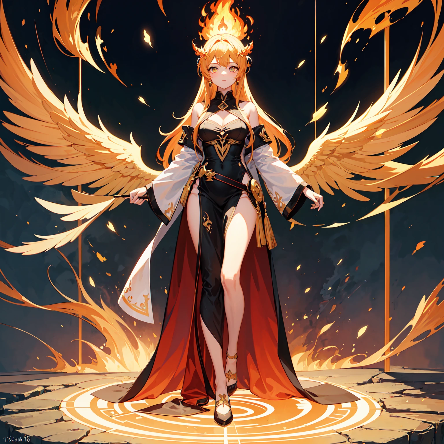 A masterpiece of exceptional quality,Beautiful woman in exquisite clothing, Majestic goddess,(Phoenix,Phoenix),Greek goddess,Fire Goddess,Star,Surrounded by floating rings,(magic energy), Galaxy Elements,heavenly atmosphere, Long blond hair, mystery