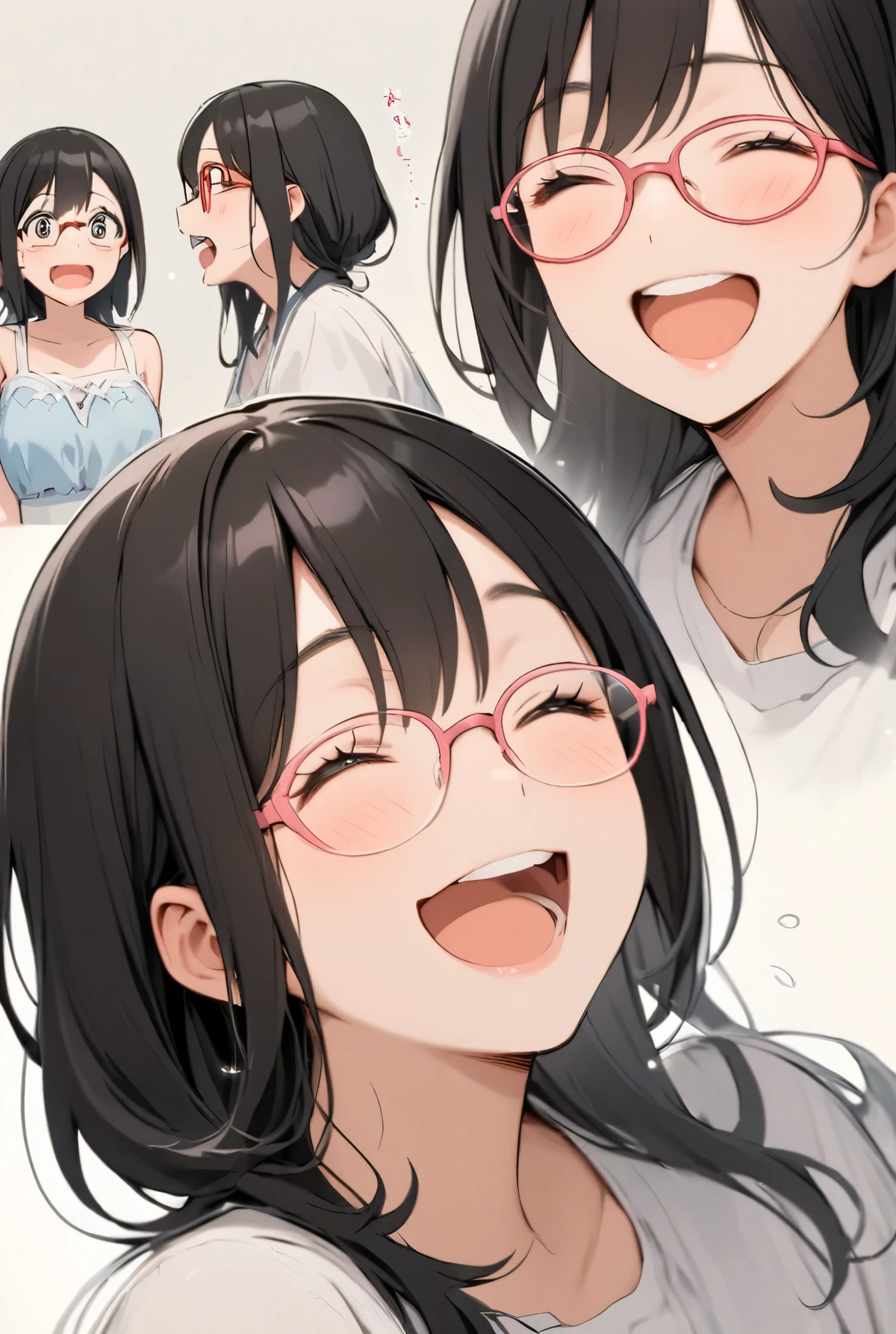 Glasses　 laughing so much　 adult woman　front　 shortcuts　 black hair　 Delicate Design 