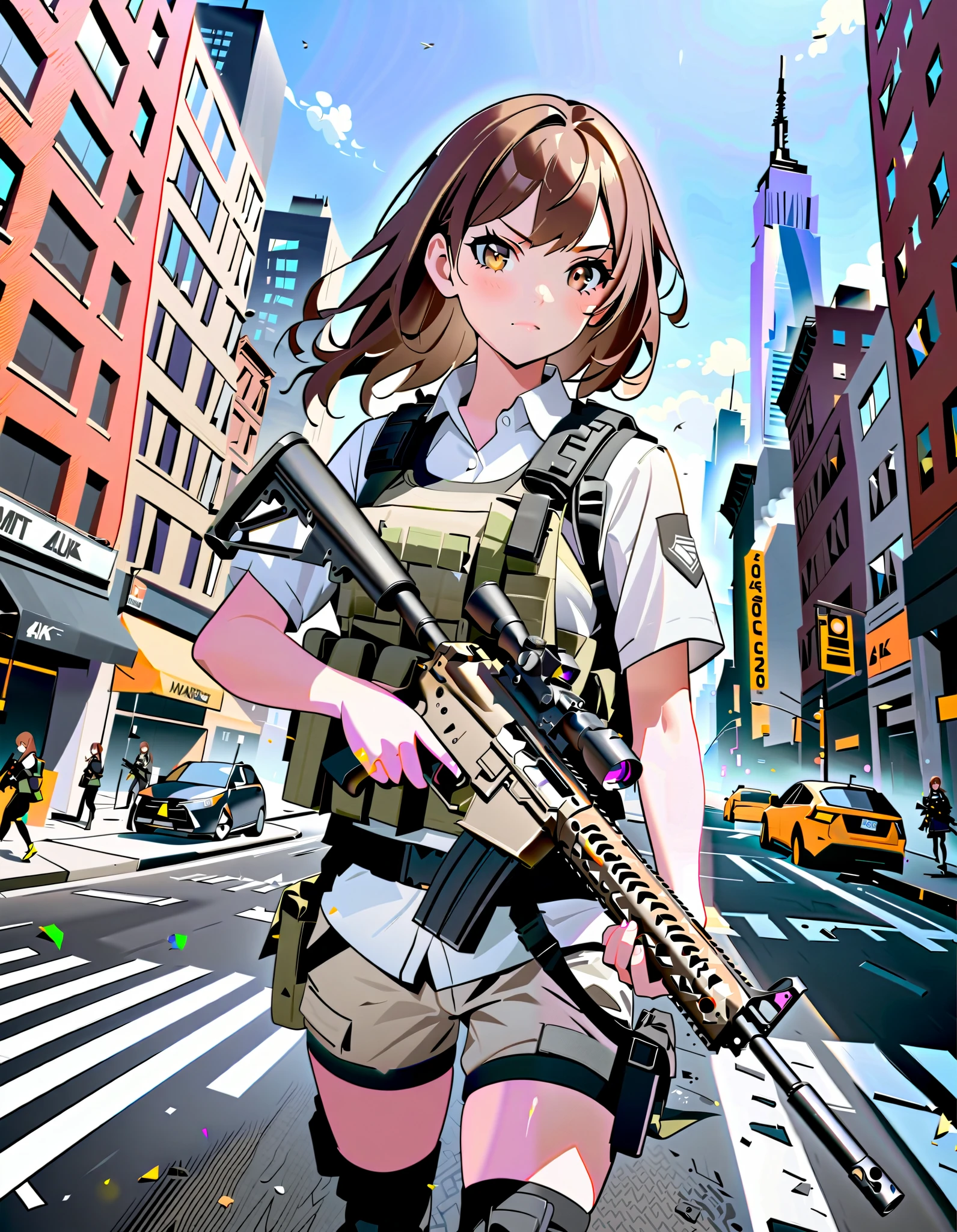 anime girl with gun in hand and city in background, brown hair, hazel eyes, new york, street, with AR-15 rifle, assault vest, solo, solo focus, daytime, badass anime 8 k, heavily armed, holding a rifle, girls frontline style, holding rifle, dutch angle, fine details. girls frontline, 4 k manga wallpaper.