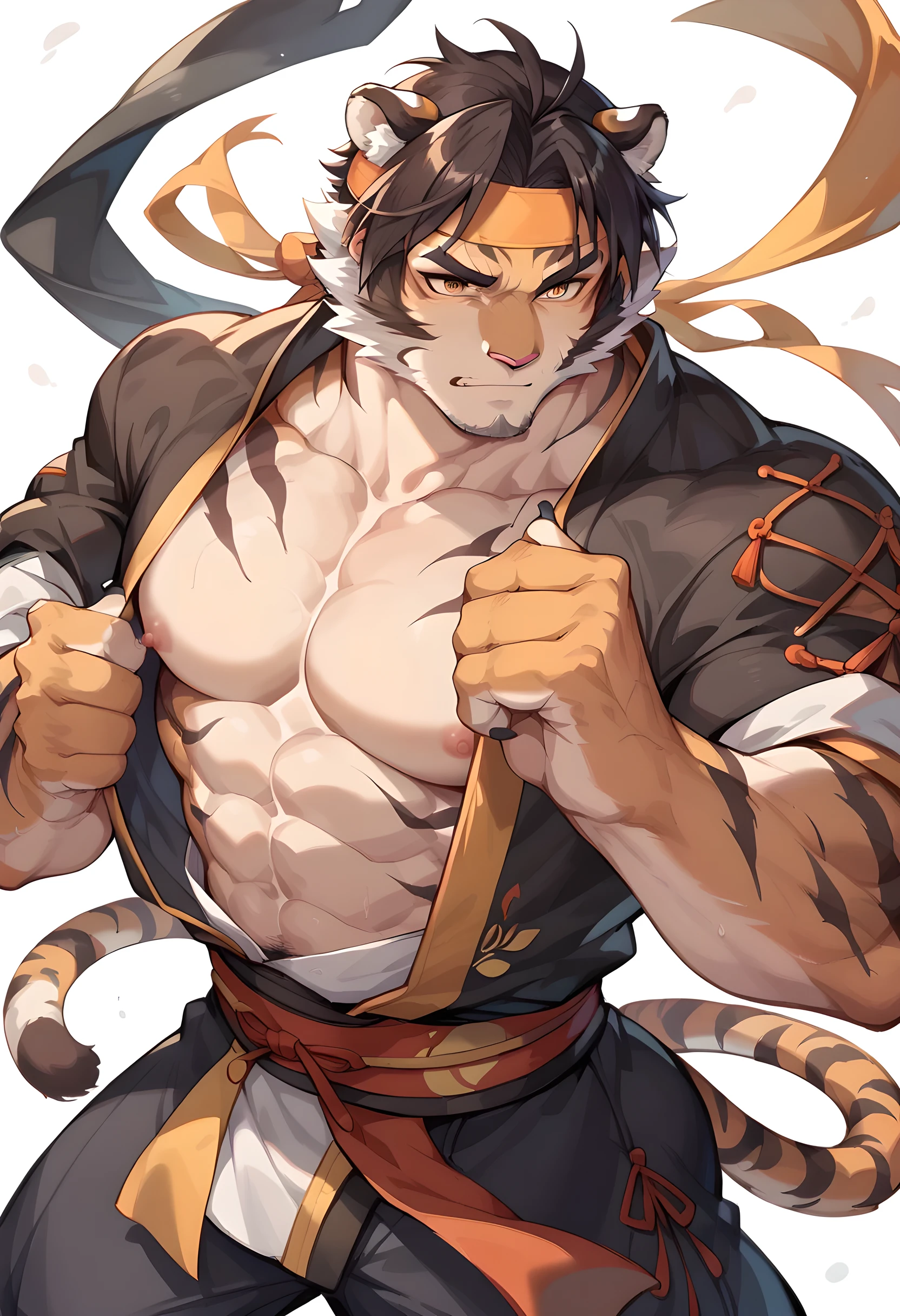 Chinese, 1 male tiger,  unique , masterpiece, Taijitu, Kung Fu Academy ，Arena， Opening Ceremony Begins， tiger ears and no ears，Big six pectoral muscles 