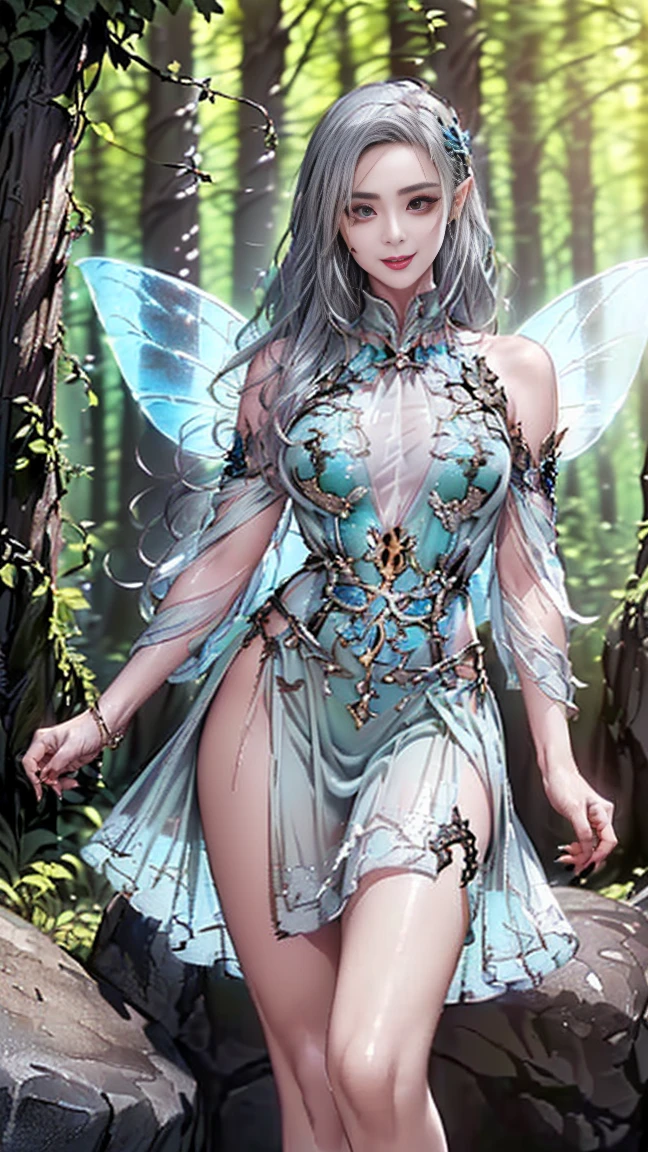 ( Absurd, High quality, Ultra-detailed, Masterpiece, concept-art, smooth, high detail artwork, Hyper-realistic painting ) , elf, Plum elf, plum , Transparent fairy wings, huge tit，low chest，with hands behind her back，fairytale-like, Romantic, Vivid, Whole body, In nature with waterfalls，pureerosface_v1，ulzzang-6500-v1.1，