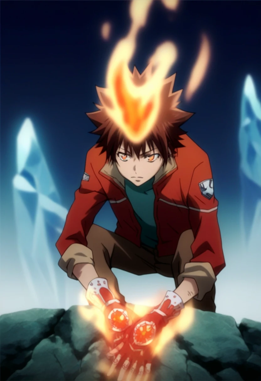 score_9, score_8_up, score_7_up, score_6_up, highly detailed, masterpiece, best quality,detailed,intricate details, amazing quality, best aesthetic, absurdres,source_anime,fire, gloves, sitting, jacket, fingerless Red metal gloves with blue crystals, tsuna_hyper, fire on head, brown hair, orange eyes, fire on hands