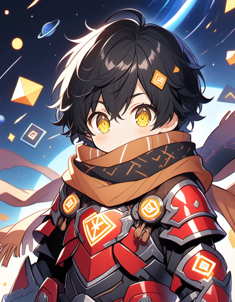 Detailed 8k cute theme , Boy in the scarf , short disheveled black hair and yellow eyes wearing shiny black and red runic armor with outer space in the background 