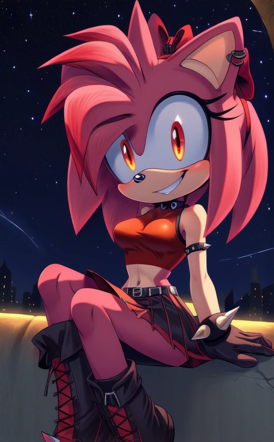 ((masterpiece)) ((UHD)) 4K, High detailed, ((detailed shadowing)) Female anthropomorphic hedgehog, Amy Rose, mobian, bright pink fur, furry, Anime style art, Studio Quality, Atractive, gorgeous body, Close-up portrait, Best Quality, High resolution, breasts, midriff, multicolored hair , pink messy, frizzy, short Punk Hair with red highlights, ((red hair bow)), long bangs, orange eyes, ((red crop top)), ((red spike bracelets)), ((long black gloves)) black choker, earrings, ((red skirt with black vertical stripes)) , ((long red punk boots with black stripes)) , creepy smile, wide-eyed, crazy, bonkers, unhinged, Looking at viewer, sitting ((nighttime)) ((starry sky)) ((ambient lighting)) (cinematic lighting)) creepy carnival background