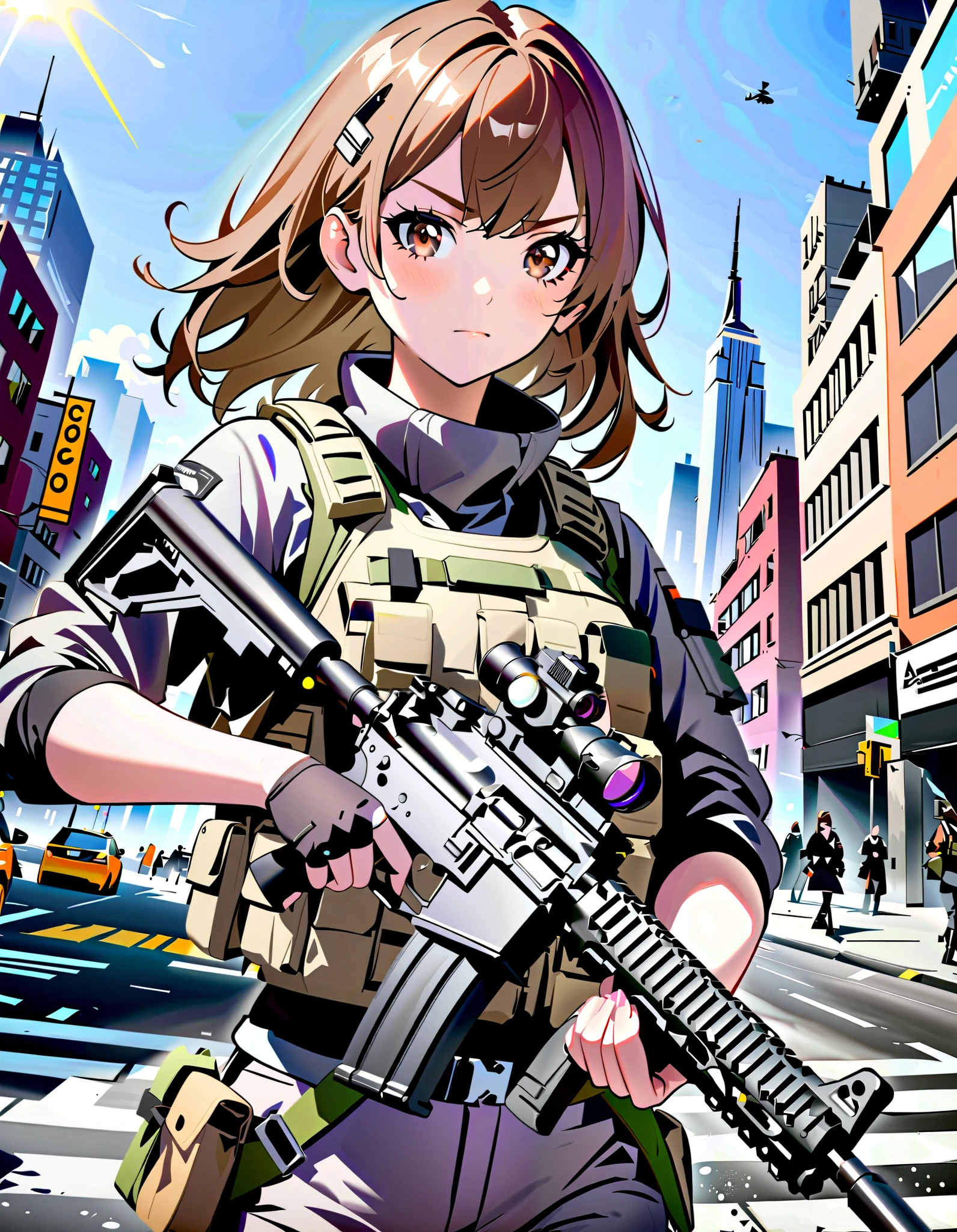 anime girl with gun in hand and city in background, brown hair, hazel eyes, new york, street, with AR-15 rifle, assault vest, solo, solo focus, daytime, badass anime 8 k, heavily armed, holding a rifle, girls frontline style, holding rifle, dutch angle, fine details. girls frontline, 4 k manga wallpaper.