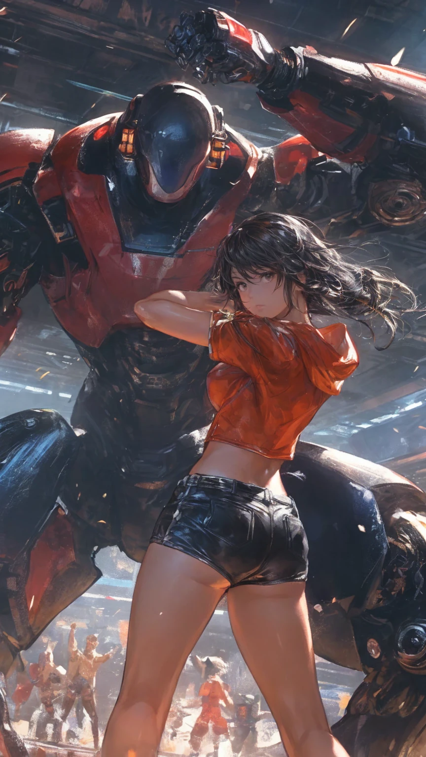 (best quality, elaborate details:1.2), robot gladiator, humanlike mecha, combat arena, dramatic angle, elaborate details, photorealistic illustration