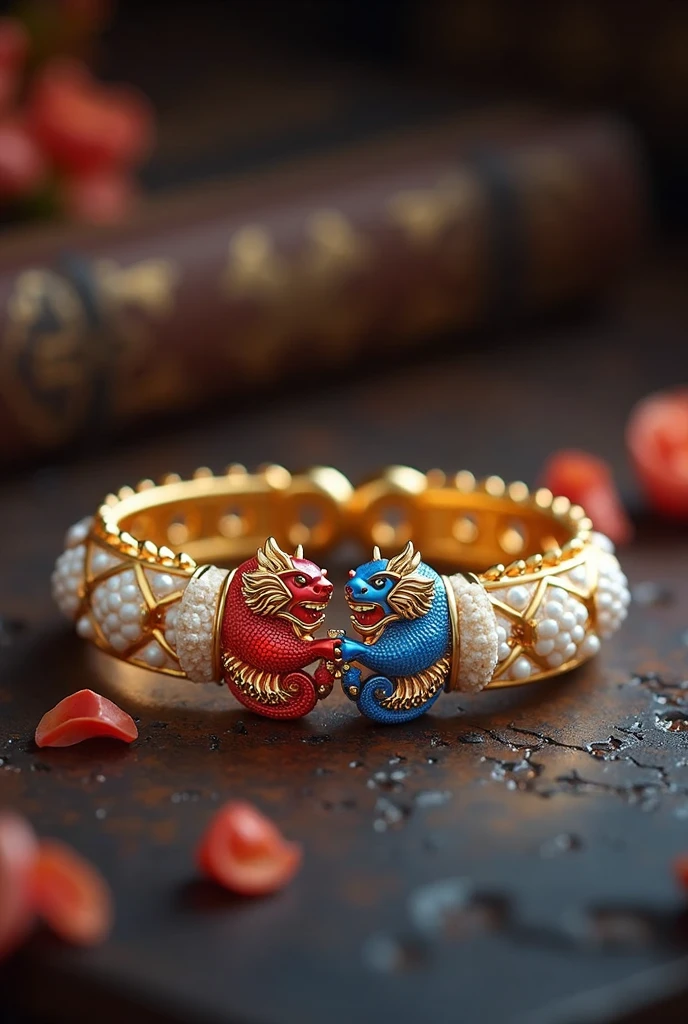 a bracelet, gold with white touches and the dragon and tiger stones that are small in red and blue