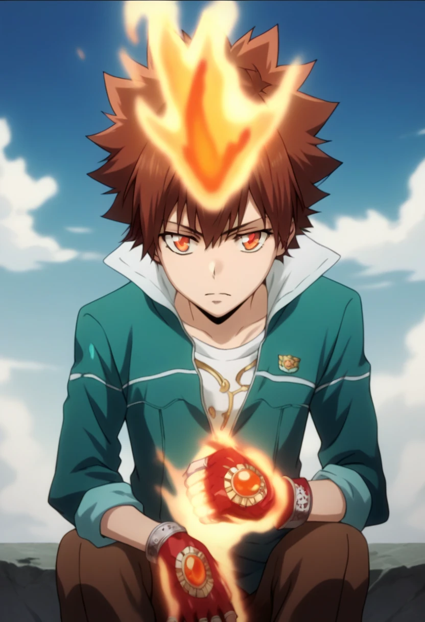 score_9, score_8_up, score_7_up, score_6_up, highly detailed, masterpiece, best quality,detailed,intricate details, amazing quality, best aesthetic, absurdres,source_anime,fire, gloves, sitting, jacket, fingerless Red metal gloves with blue crystals, tsuna_hyper, fire on head, brown hair, orange eyes, fire on hands