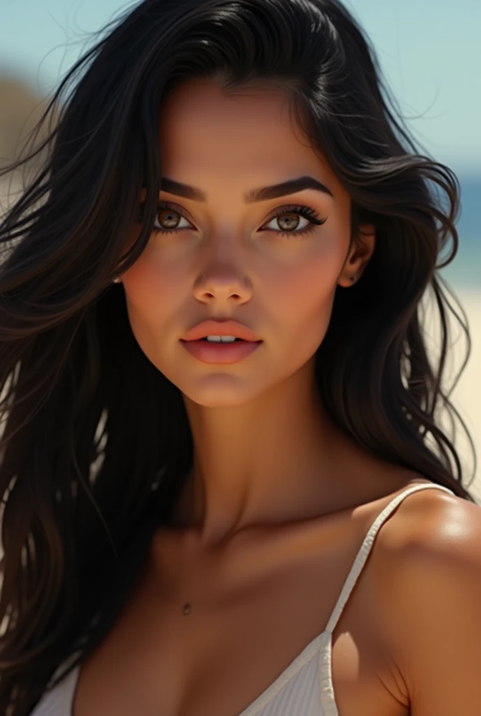 Black curly long hair realistic Caucasian pale skin model blue eyes beach