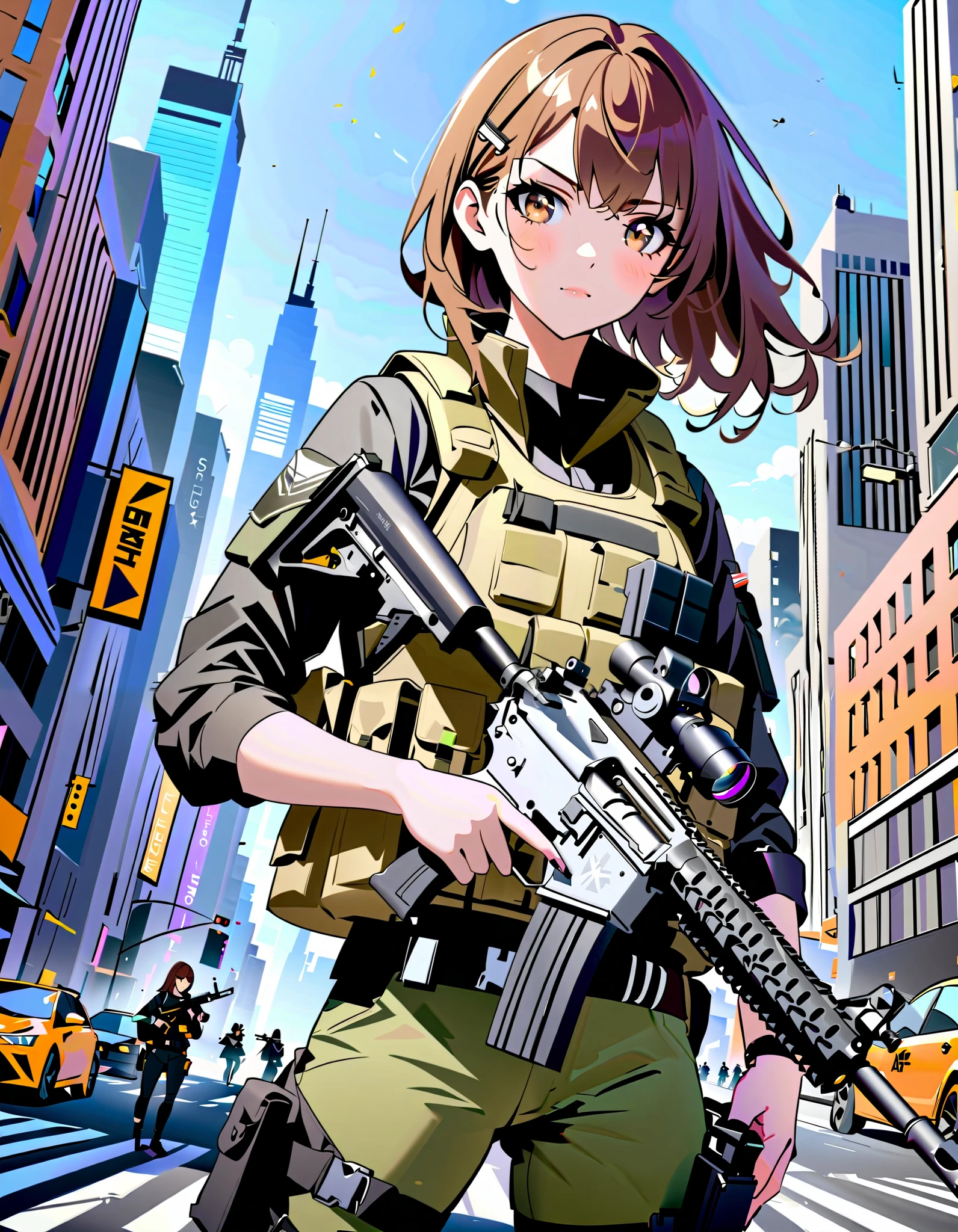 anime girl with gun in hand and city in background, brown hair, hazel eyes, new york, street, (with AR-15 rifle:1.2), assault vest, solo, solo focus, daytime, badass anime 8 k, heavily armed, holding a rifle, girls frontline style, holding rifle, dutch angle, fine details. girls frontline, 4 k manga wallpaper.