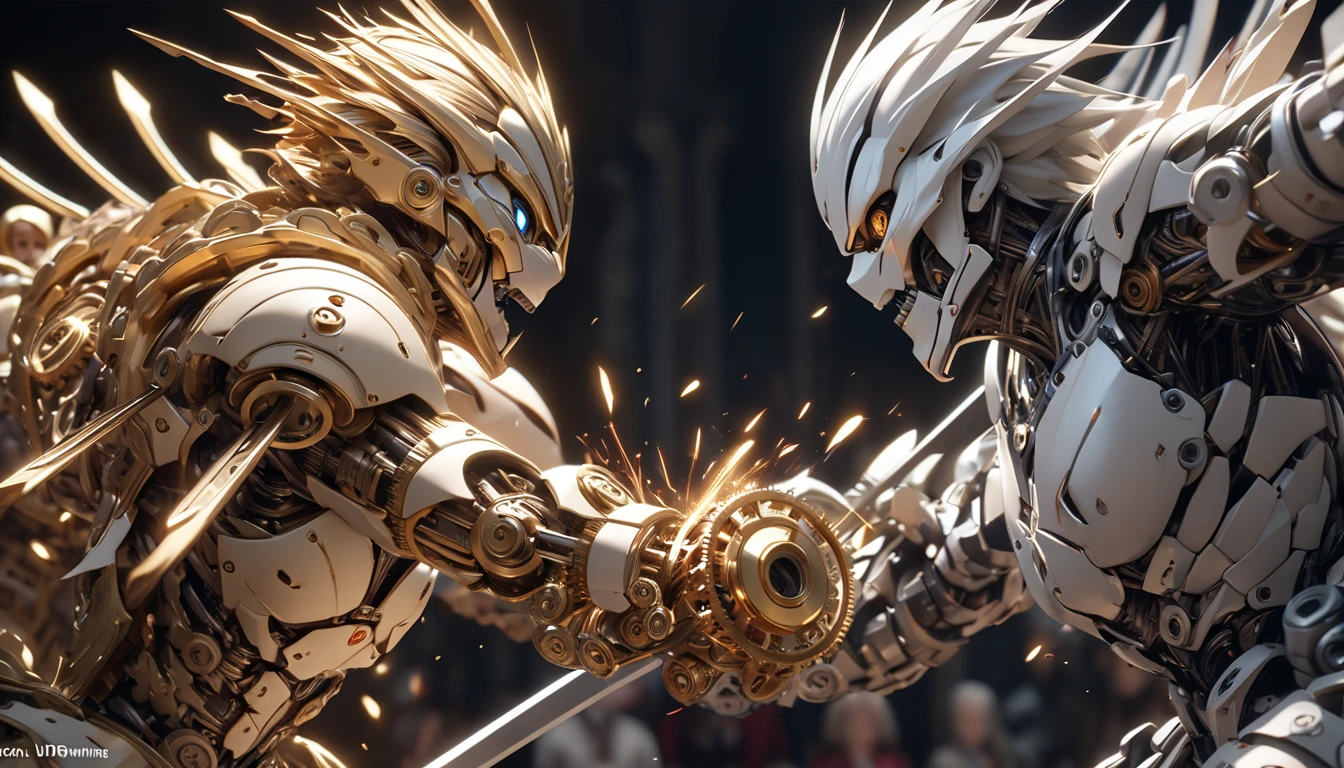 A body made of gears, Confrontation between 2 Murder Karakuri Dolls, Two realistic offense and defense, The fellowship between swords rolls up sparks, Dynamically and violently, UHD, retina, masterpiece, accurate, anatomically correct, textured skin, super detail, high details, high quality, award winning, best quality, highres, 16k