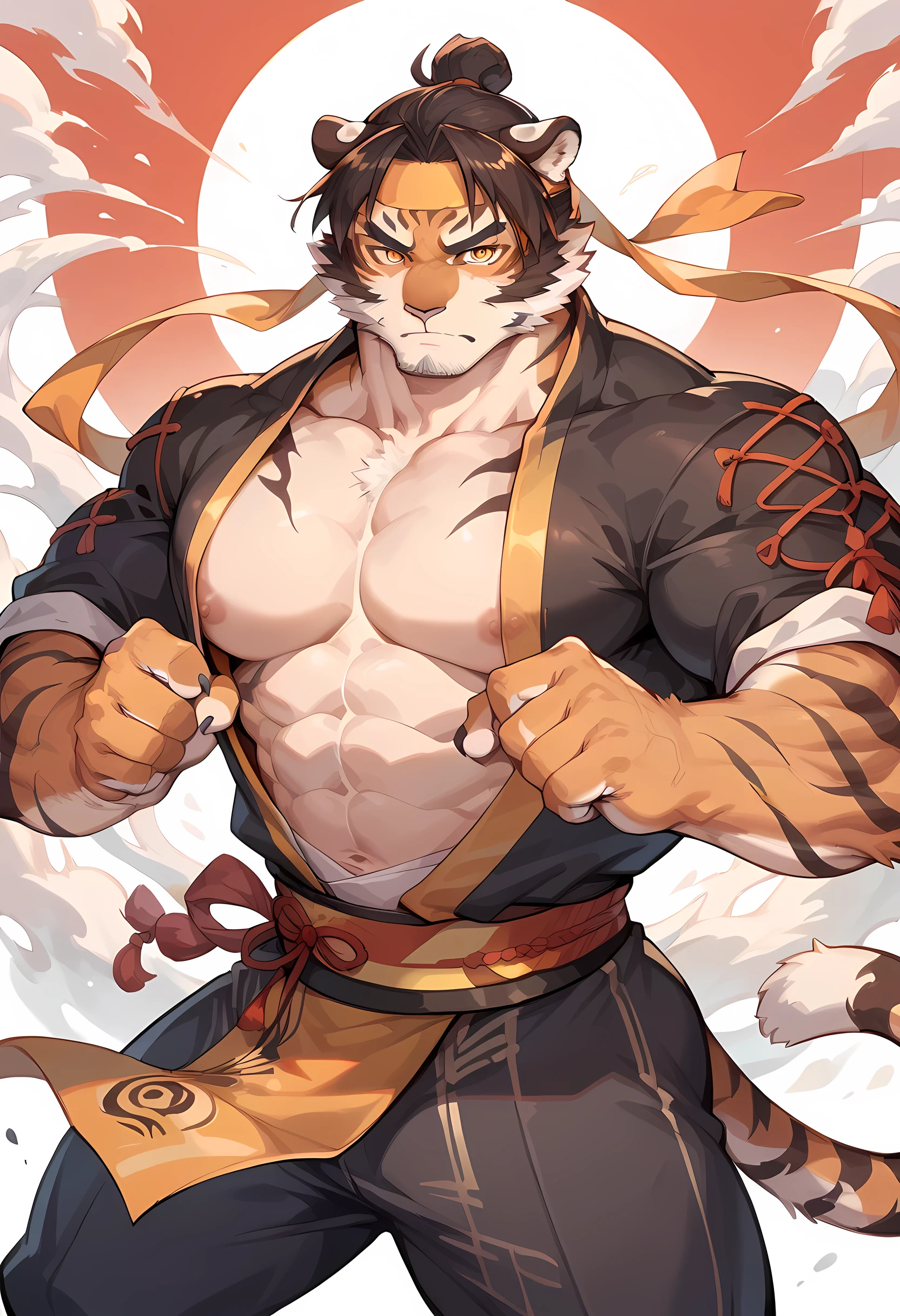 Chinese, 1 male tiger,  unique , masterpiece, Taijitu, Kung Fu Academy ，Arena， Opening Ceremony Begins， tiger ears no ears， plump six-pack pectoral muscles ， sharp eyes ，Animal eyes 