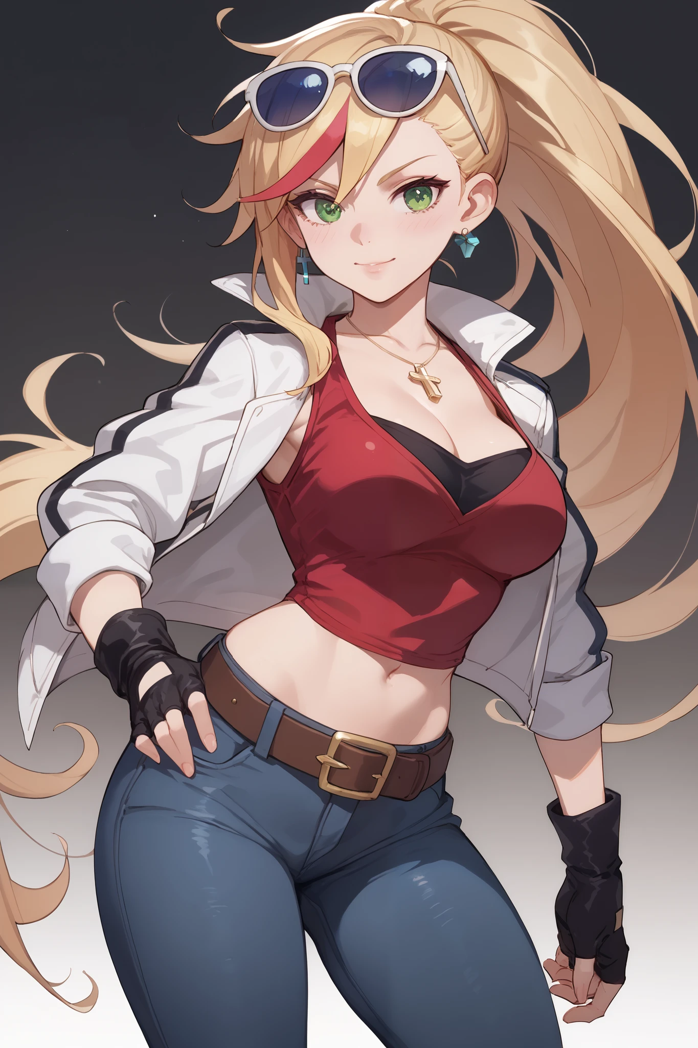 20 year old girl, long flowing blonde hair, blue sunglasses on head, cute face, green eyes, light blush, green earrings, prism necklace, black tube top with a white cross, open midriff, white biker jacket, red vest, fingerless gloves, jeans,loose brown belt, steel toe boots, large , thin waist, standing, relaxed down arms, 