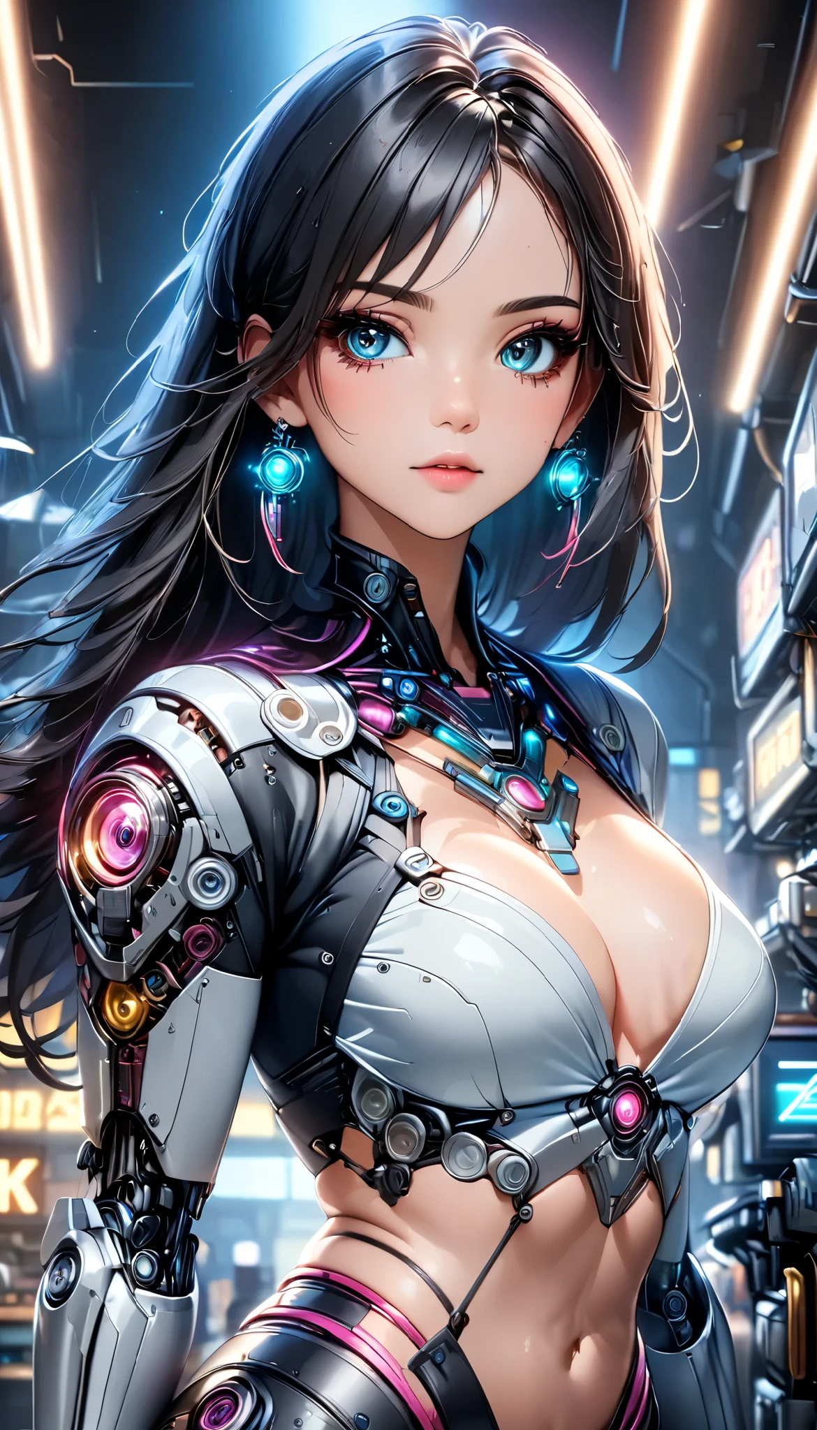  detailed and very realistic robot woman , 1girl, ((Holding a saber in one hand,  action pose,  dynamic battle scene )),  beautiful finely drawn eyes ,  beautiful finely drawn lips ,  very detailed face ,  long eyelashes, (( headgear , goggles,  manipulator )), Metallic skin, Futuristic,  dark atmosphere,  glowing neon cyberpunk implants,  intricate mechanical details ,  Complex Machines , Complex Circuits,  dynamic poses in a crowded store, Dramatic lighting,  retro future of advanced vehicles,  brightly colored ,  dutch angle, (( Anime Style,  neon pop style :1.2, Detailed CG illustration)),  super detailed ,  studio lighting ,  intricate details , ( top quality , 4K, 8k, High Resolution, masterpiece:1.2).