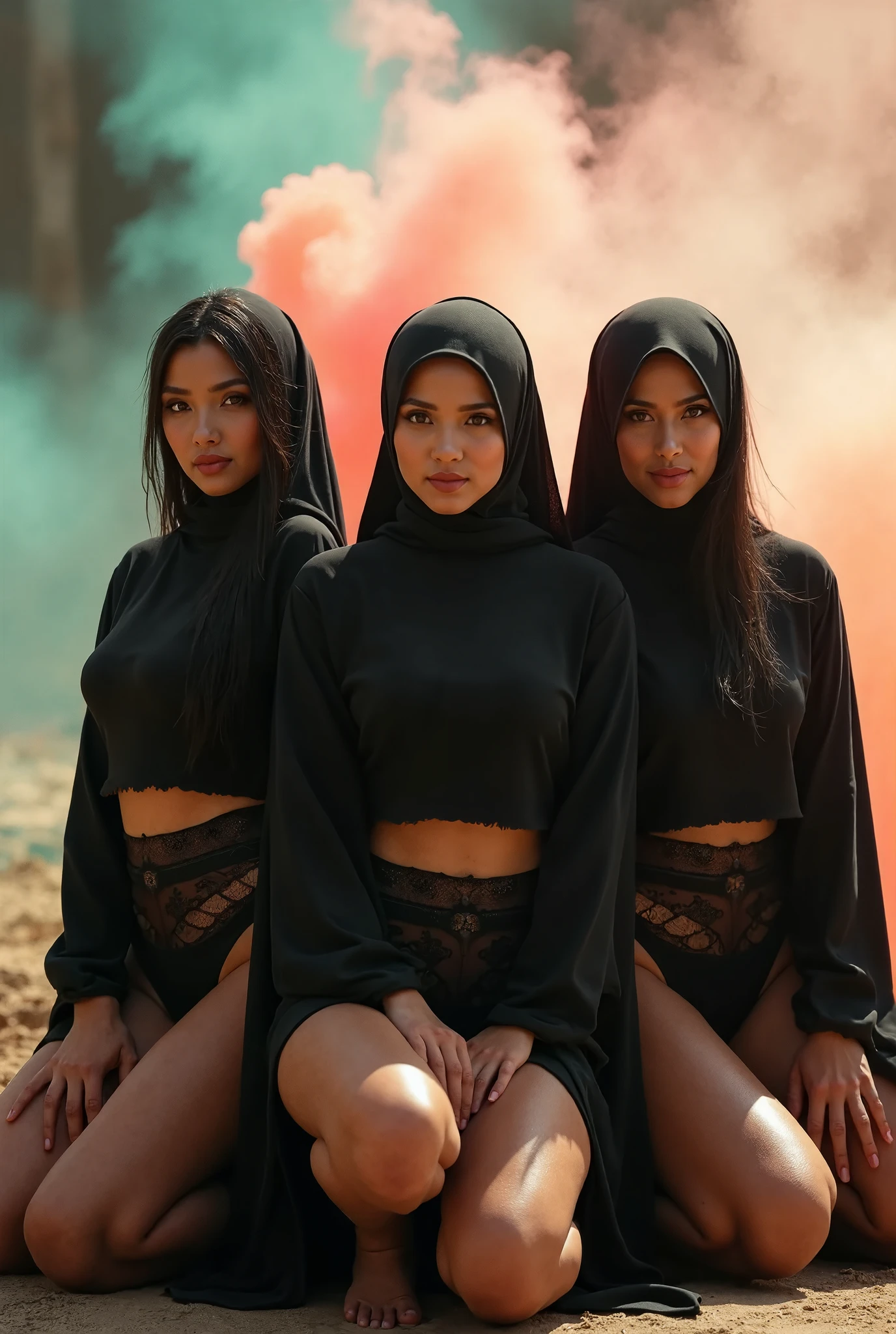 very mysterious hideen identities masked female hip hop crew huddle very close leaning on each other gangsta energetic lively hip hop stance, impossible badass choreography gang signs hiding behhind a large smoke screen