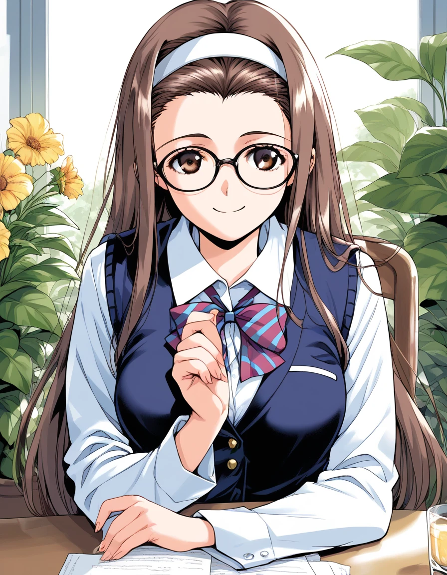 score_9, score_8_ up, score_7_ up,  Source_Anime, rating_  explicit , BREAK Mizuno  _tomomi, Brown Hair, glass, Black frame glasses,   white hair band,  brown eyes,   very long hair ,  medium breasts,
indoor,  Long Sleeve , vest,  watching viewers, smile,  check pattern ,  school uniform, chair, bow, plant, flower,  shirt