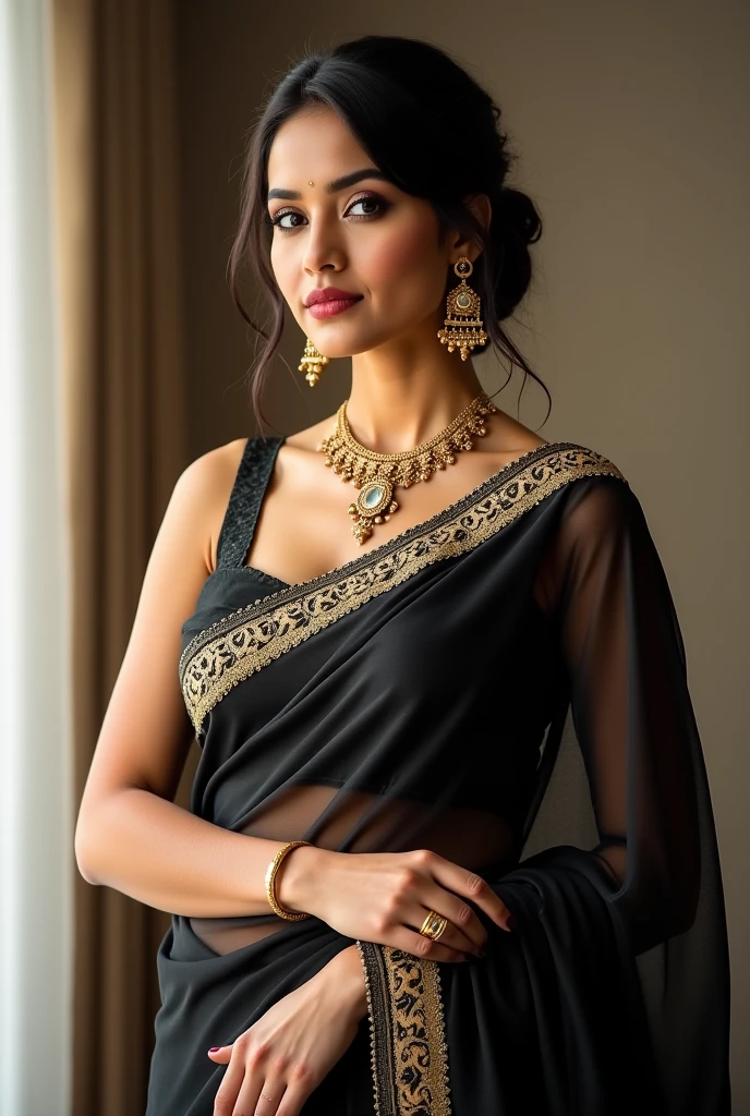 professional model shoot photo, 30yo milf girl look like Dhaka, Bangladesh(highly detailed:1.1), black (saree), perfect eyes, sharp focus, 8k high definition, insanely detailed, intricate, elegant, red backgroung