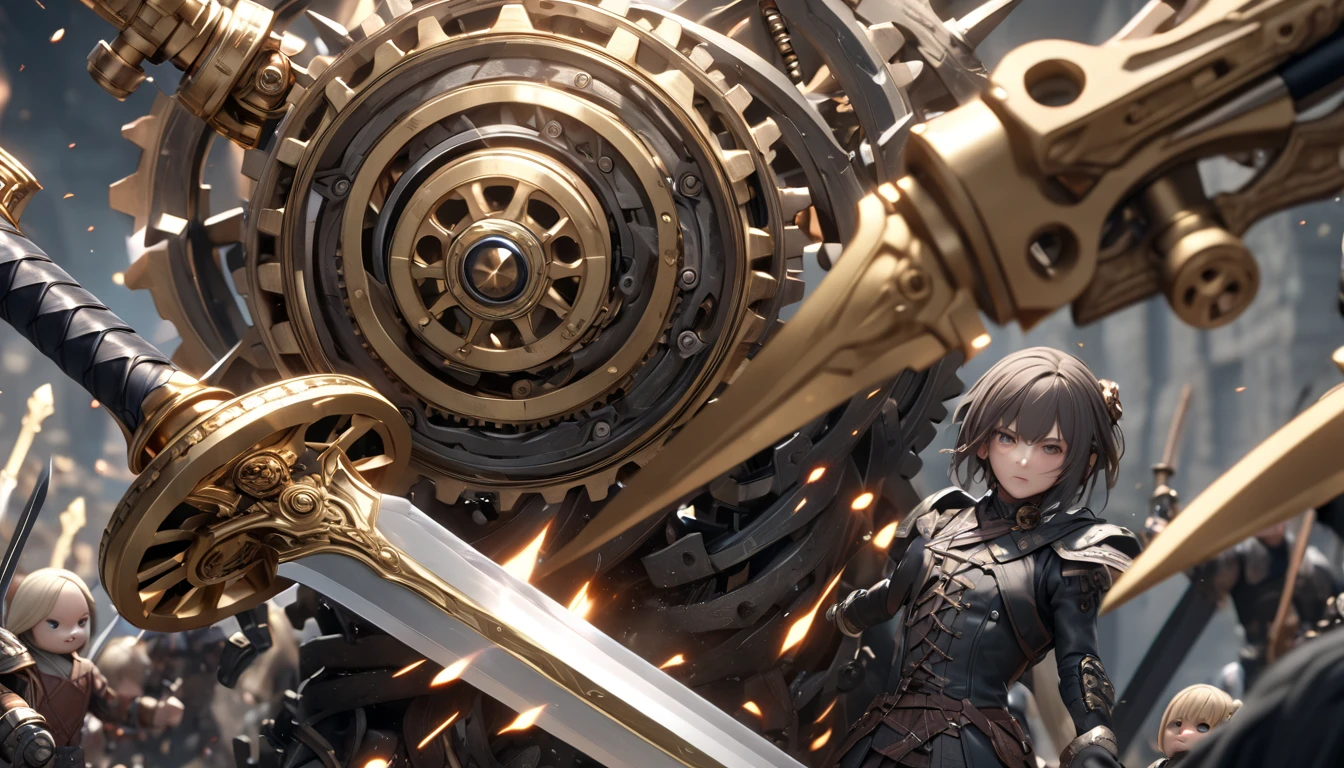 A body made of gears, Confrontation between 2 Murder Karakuri Dolls, Two realistic offense and defense, The fellowship between swords rolls up sparks, Dynamically and violently, Close up of how swords overlap and collide, UHD, retina, masterpiece, accurate, anatomically correct, textured skin, super detail, high details, high quality, award winning, best quality, highres, 16k