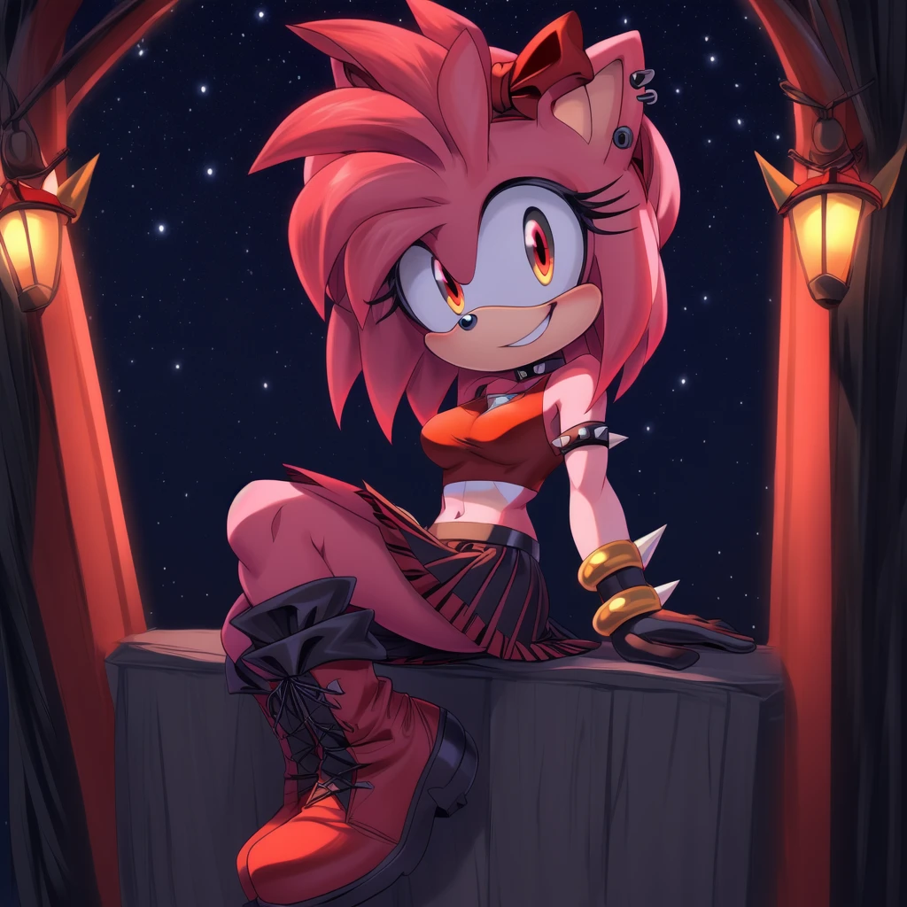 ((masterpiece)) ((UHD)) 4K, High detailed, ((detailed shadowing)) Female anthropomorphic hedgehog, Amy Rose, mobian, bright pink fur, furry, Anime style art, Studio Quality, Atractive, gorgeous body, full body portrait, Best Quality, High resolution, breasts, midriff, multicolored hair , pink messy, frizzy, short Punk Hair with red highlights, ((red hair bow)), long bangs, orange eyes, ((red crop top)), ((red spike bracelets)), ((long black gloves)) black choker, earrings, ((red skirt with black vertical stripes and white fringe)) , ((long red punk boots with black stripes)) , creepy smile, wide-eyed, crazy, bonkers, unhinged, Looking at viewer, sitting ((nighttime)) ((starry sky)) ((ambient lighting)) (cinematic lighting)) creepy carnival background