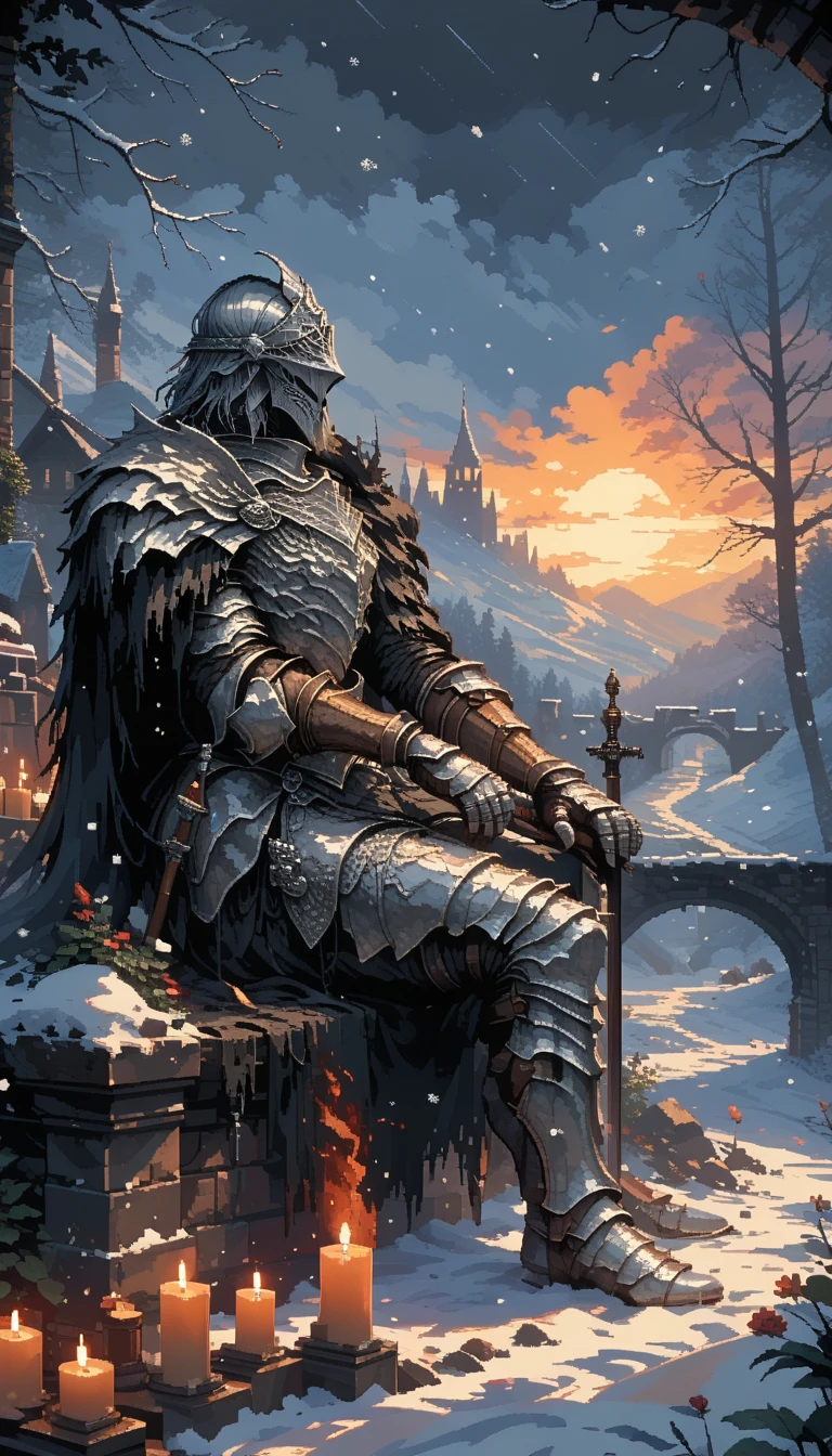 score_9, score_8_consolation, score_7_consolation, score_6_consolation, Picture of a man in armor sitting on a rock, dark souls article,Dark Dark Fantasy , the dark souls article,  Dark Souls Vibes , (((article))), fallen article, fantasy article, , painting of a article, , style, article,  Dark Souls Inspiration , article in armor, Dark soul style, evil article, pixel art,The setting sun,solitude,snow covered village, It's snowing,Warm lights 