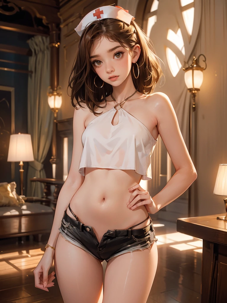 (masterpiece), best quality, expressive eyes, perfect face, nightclub background), (standing), (smirk), (closeup view), (1girl, blaire ivory,  brown hair ,slender figure, thin body, skinny body, petite_body, medium breasts, slim thighs, long fingernails, ,white shorts, crop top, thong straps, hoop earrings, miscellaneous jewelry, slutty)), slim hips, (((nurse)))