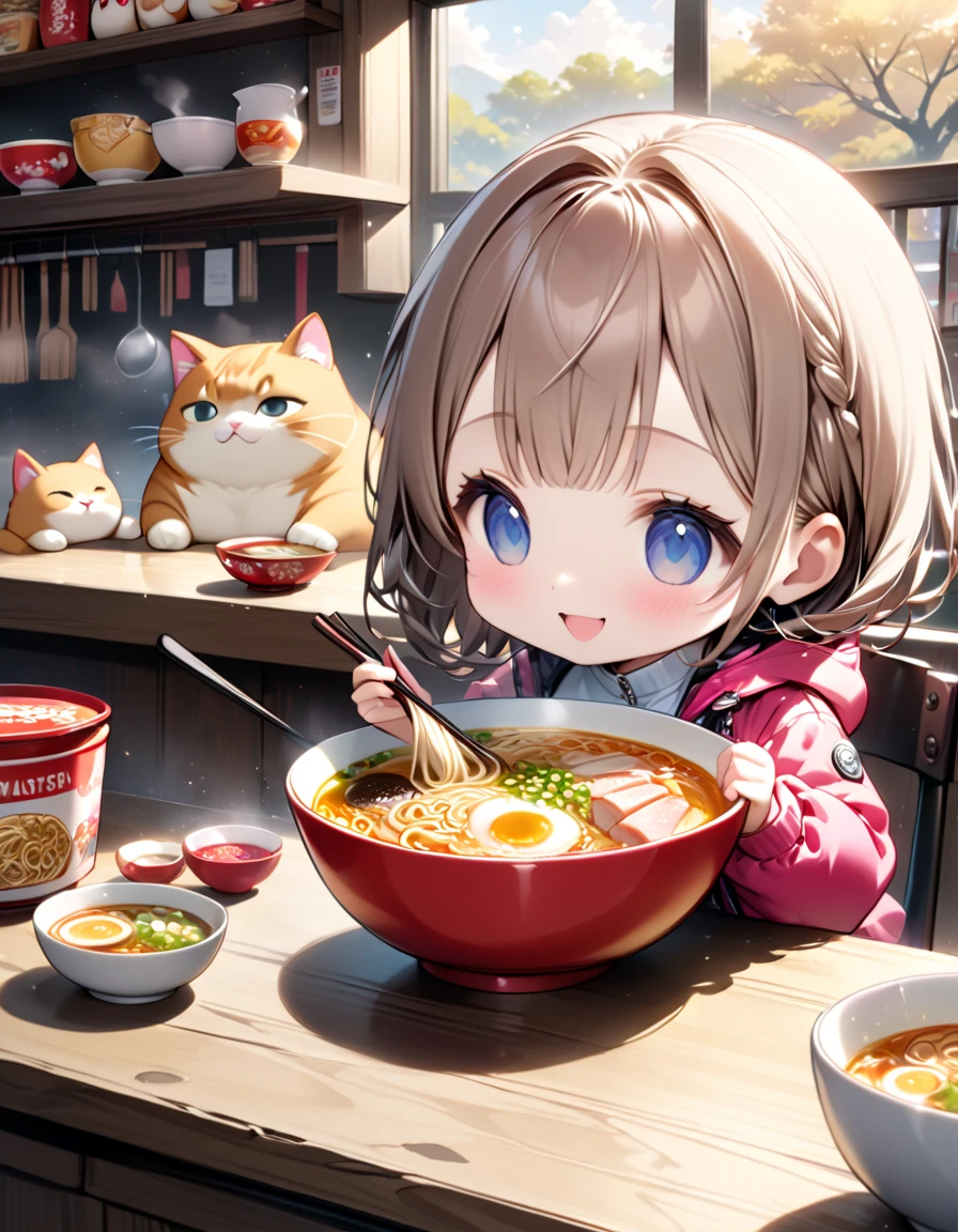 (masterpiece), (ultra-detailed), (best quality), (clear focus), dramatic scene, cinematic, shadow, (ultra-high resolution), (8k), perfect anatomy, perfect face, (detailed face), (detailed eye), (chibi:1.3), (cute Japanese chibi small girl:1.3), famous Japanese chibi idol, very beautiful with cute but cool face, (the girl is wearing a cute colored casual outfit with cool nylon jacket:1.2), (large breasts), (She is sitting in front of her ramen lunch with a cute giant fat cat:1.3), at the counter of a simple ramen stall in Japan, (huge bowl of gorgeously decorated ramen is on the smooth wooden counter), sitting at the simple chair, warm winter sunshine, professional lighting, (the ramen master of the giant fat cat is mewing:1.3), (detailed giant fat cat:1.3), (many kind of cooking tools), (they looks so happy, happy smile,