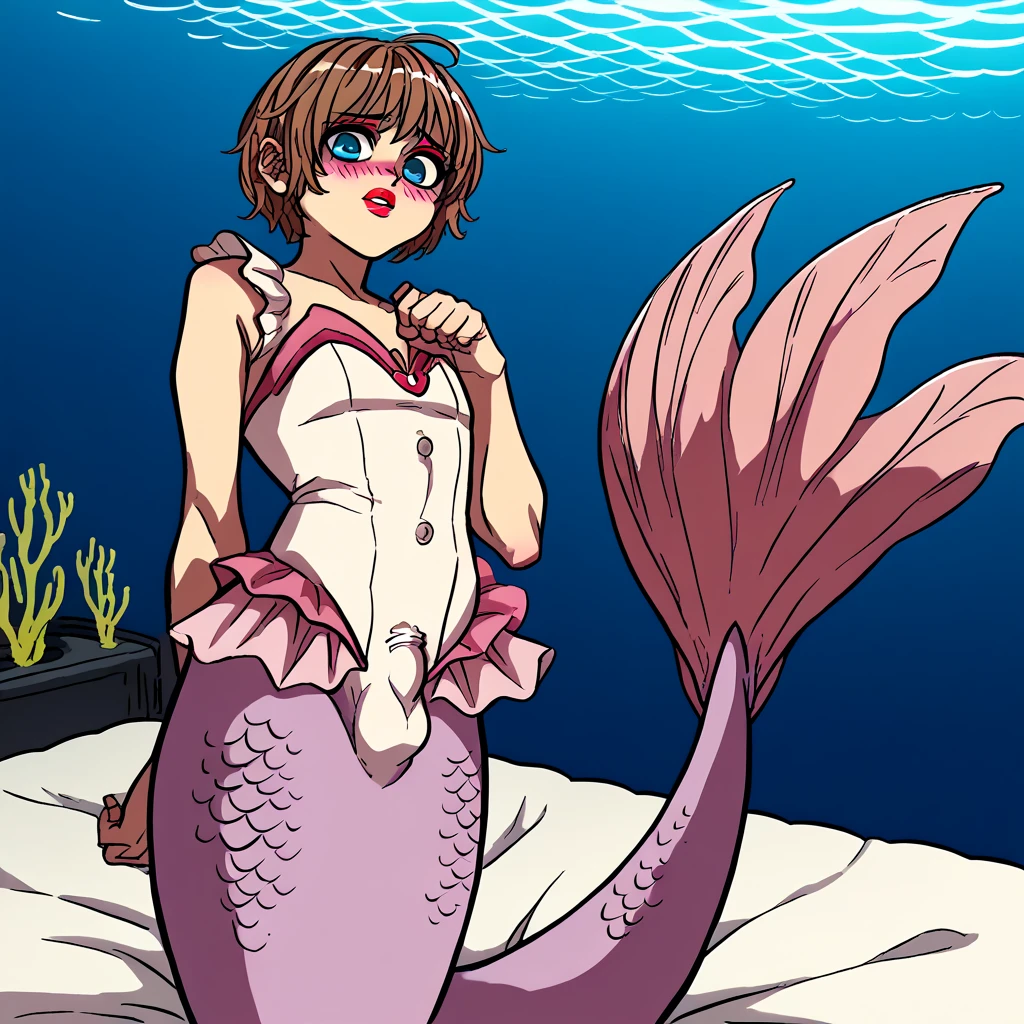 1boy, solo, alone, underwater, coral, bubble airs, red lips, brown hair, short hair, spike hair, blue eyes, red eyeshadow, pink blush, pink lips, shy, flat chest, on bed, cosplay Mermaid Melody Luica , Mermaid Melody Luica outfit, bulge small penis under outfit, pink mermaid, pink mermaid tail below waistline, pink scales mermaid tail, Planking