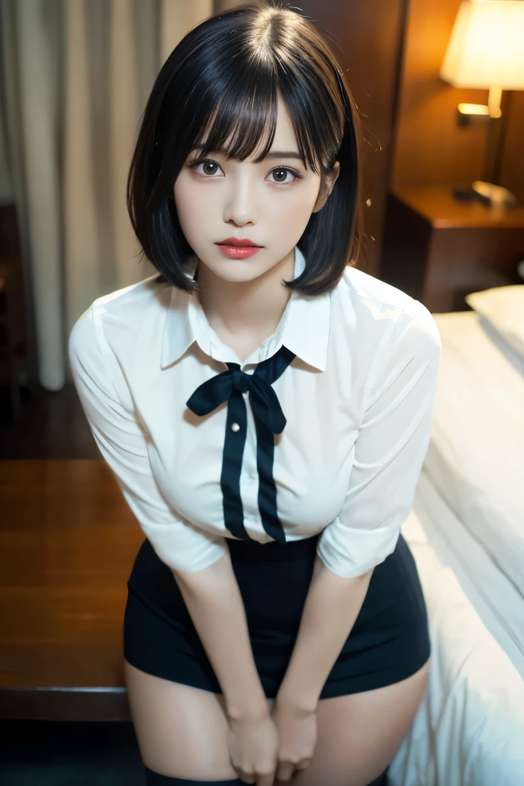 (Highest quality、Highest quality、Masterpiece、Everything is beautifully detailed、Real Stick:1.4)、(photo shoot、:1.4)、((Shooting with a camera from above、Respect、Looking into the camera、Camera view from above、Take a photo from above))、Beautiful detailed girl、Very detailed目と顔、Beautiful and fine details、Ridiculous、信じられないほどRidiculous、Ultra-detailed、High resolution、Very detailed、Highest quality、 Masseter muscle area、((Japanese high school girls uniform))、Very detailed、grow、In detail、Masseter muscle area、、Highest quality、Light on the face、Light、18 year old girl、((Dynamic Pose)))、(Camel Toe)、(pantyhose)、(Sit with your knees bent))、前髪のあるshort hair、short hair、Long neck、Listen carefully、big eye、Eyelashes、cute、とてもcute、{huge|big|hugeな|Mega} chest:2, chestの谷間:2