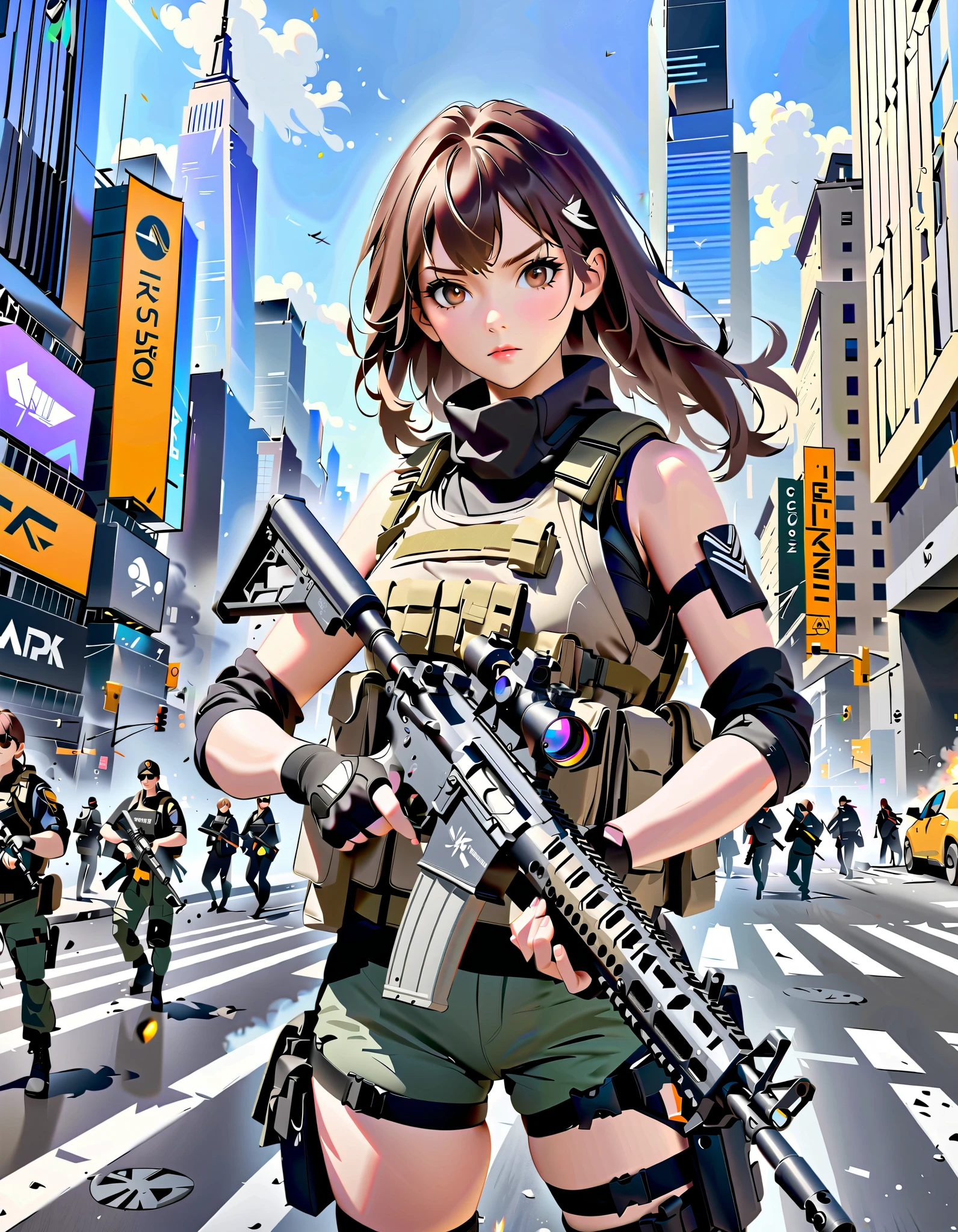 Masterpiece, anime girl with gun in hand and city in background, brown hair, hazel eyes, New York, with AR-15 rifle, tactical fingerless gloves, assault vest, solo, solo focus, daytime, badass anime 8 k, heavily armed, holding a rifle, girls frontline style, holding rifle, fine details. girls frontline, 4 k manga wallpaper