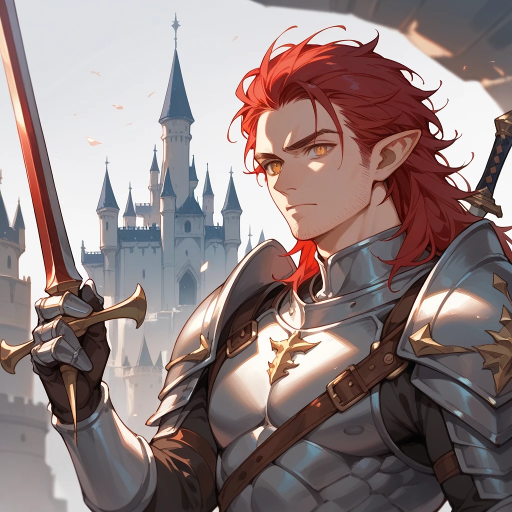 (score_9, score_8_up), score_7_up, 1man, long red hair, short pointed ears, stubble on chin, battle worn, armour, longsword on back, stern, emotionless, aloof, golden eyes, menacing, 40 years old, staring at camera, castle background,