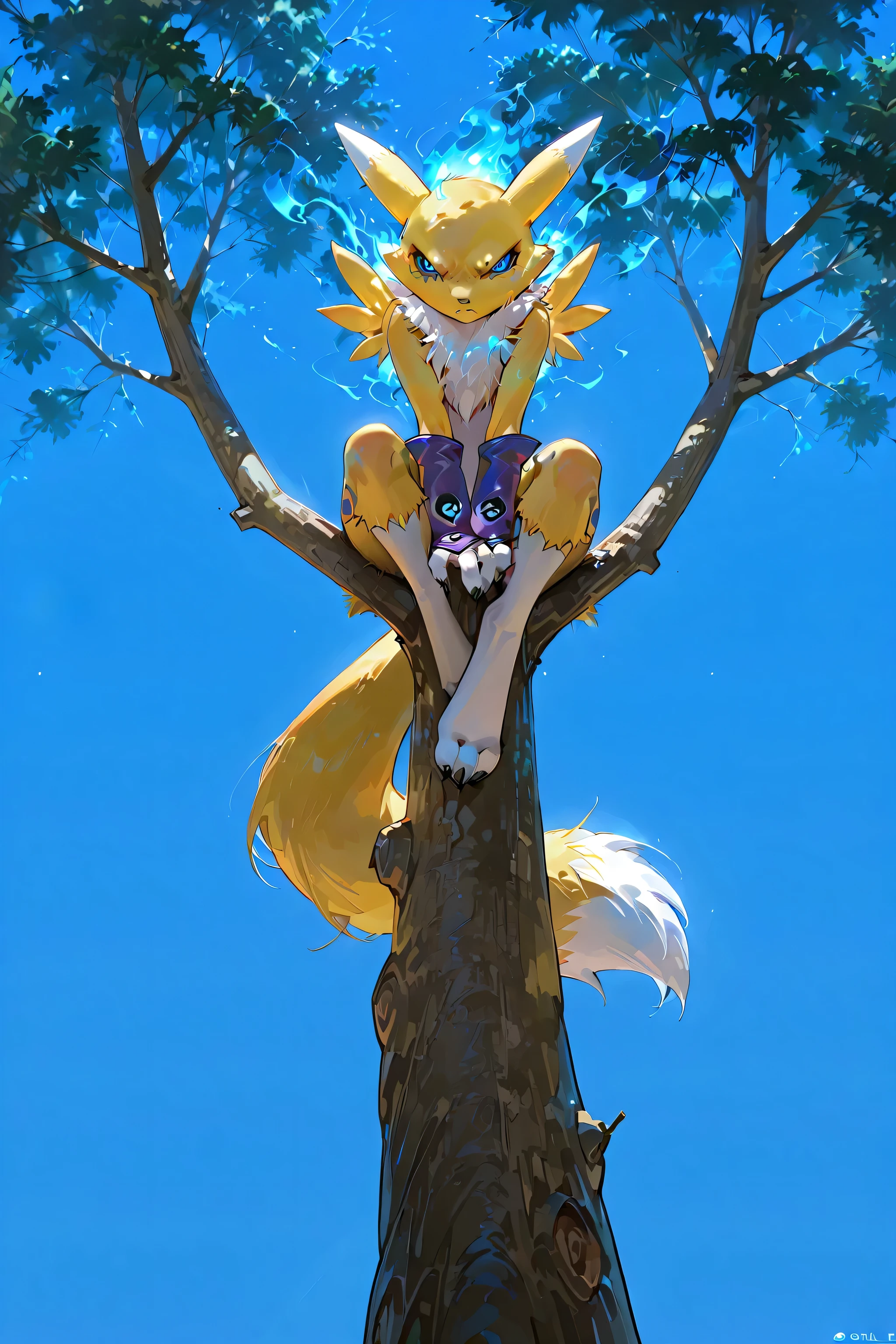 [char1="girl:1.4, furry, solo, renamon:1.5, detailed eye, perfect fur texture, renamon's fingerless_purple gloves,blue flaming fur, angry espression, perfect renamon's hands, more flames, three fingers, stands on one foot, {blue eyes, detailed eyes, perfect eyes,glow eyes, meditation}, surrounded bly blue flame, fatui's renamon flames behind,"] char1 stands on top a tree's trunk, aerial shot, high detailed, (close to char1 shot) masterpiece, breathtaking, sdxl, trending art, deep of view, aerieal forest background, far from the ground,( simmetical eyes