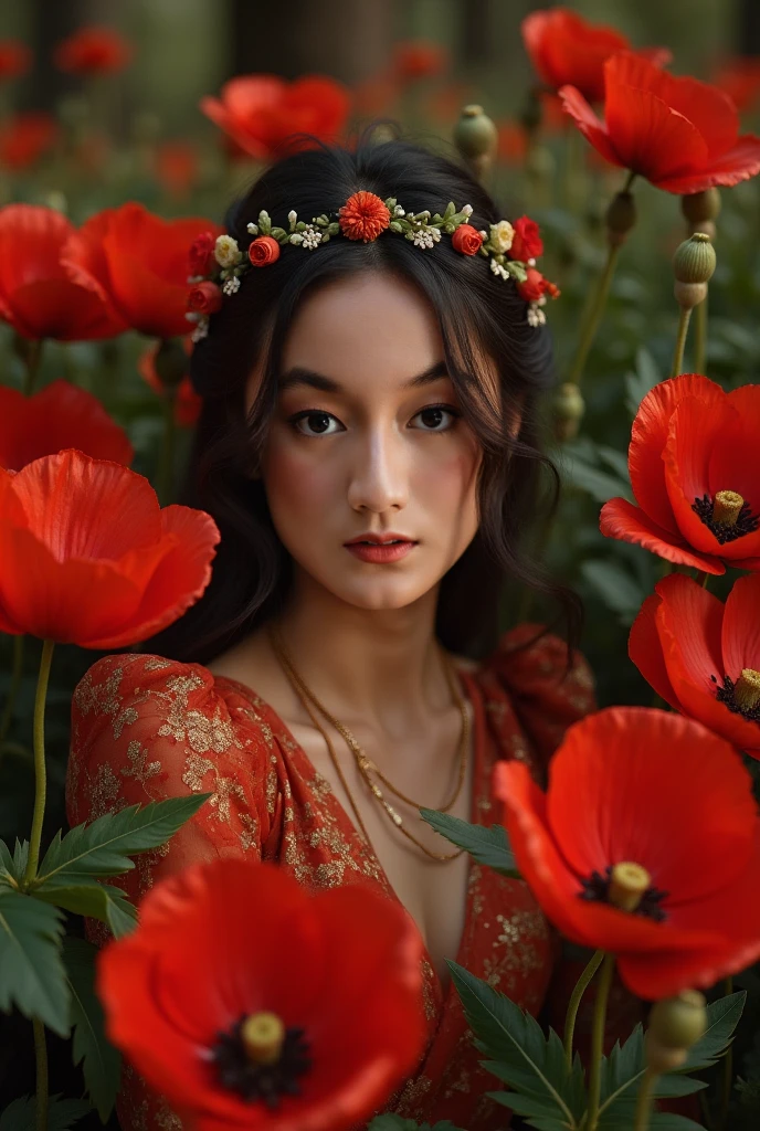 (Best Quality, 4K, 8K, High Definition, Masterpiece:1.2), (Ultra Detailed, Realistic, Photorealistic:1.37), a beautiful young woman with delicate facial features, flower crown, long elegant black hair, ornate jeweled headpiece, red silk dress, sitting in a lush garden, surrounded by colorful flowers, intricate background details, cinematic lighting, delicate brushstrokes, oil painting, highly detailed, dramatic, romantic, soft color palette, dreamlike atmosphere 
