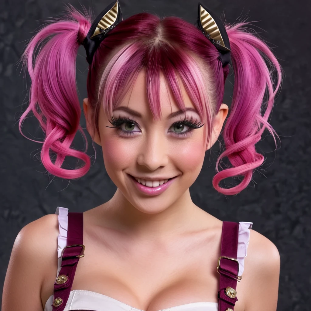 young girl, Steampunk mechanic, pink hair with burgundy roots tied in large, spiky pigtails, short bangs and saidtails, traigth hair, cute cheeks, elf-like appearance, gray eyes, big iris, no pupils, large round eyes, Japanese-style eyelashes, tanned skin, full lips, crazy smile, pointy ears. (Non japonese). Full Body, Curvy, big titts, big tighs, fato ass, skinny, short