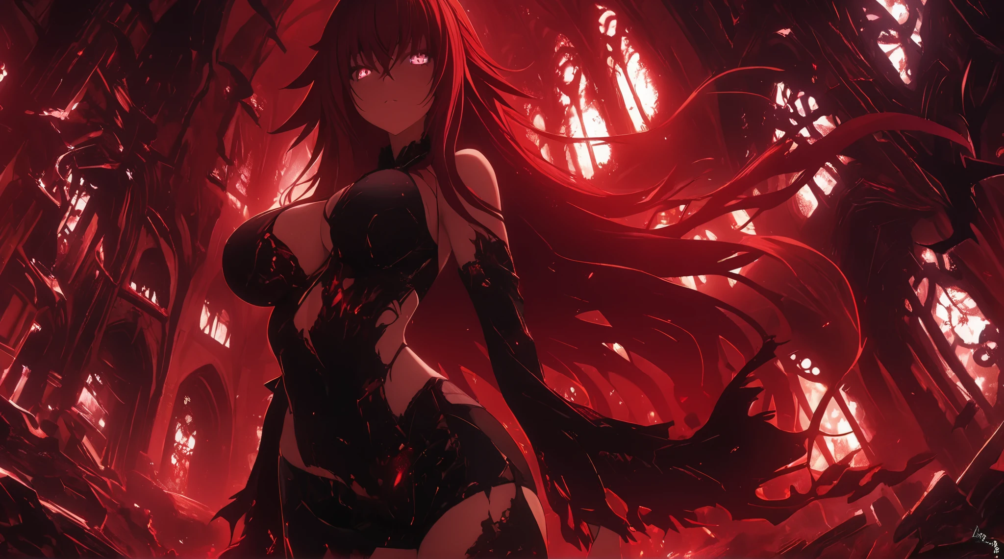 Rias gremory Beautiful girl with long red-colored hair, Red glowing eyes, masterpiece , studio light, professional, high definition , top quality , HDR, curved body , big breasts , lush, ( perfectly detailed face), ( well-detailed arm ) beautiful, detailed eyes , detailed hands , extremely detailed face , pale skin , long red hair , long lashes, Blood Red Eyes, elegant gothic dress, Dramatic Lighting , cinematic , capricious, dark fantasy, lights, dramatic shadows, dark red color palette , gothic architecture , ( top quality ,4K,8 k, high definition , masterpiece :1.2), super detailed