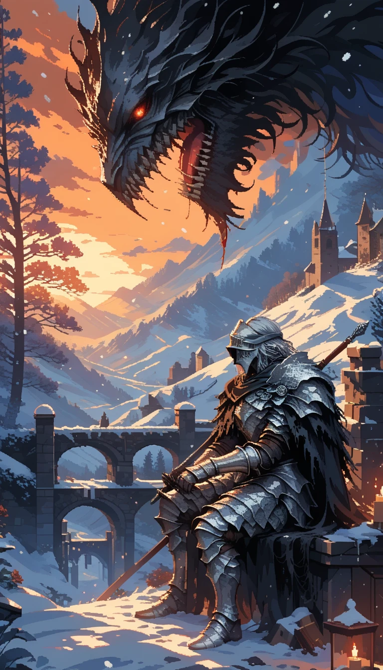 score_9, score_8_consolation, score_7_consolation, score_6_consolation, Picture of a man in armor sitting on a rock, dark souls article,Dark Dark Fantasy , the dark souls article, , (((article))), fallen article, fantasy article, , painting of a article, , style, article,  Dark Souls Inspiration , article in armor, Dark soul style, evil article, pixel art,,solitude,snow covered village, It's snowing,Warm lights ,purple and orange sky 