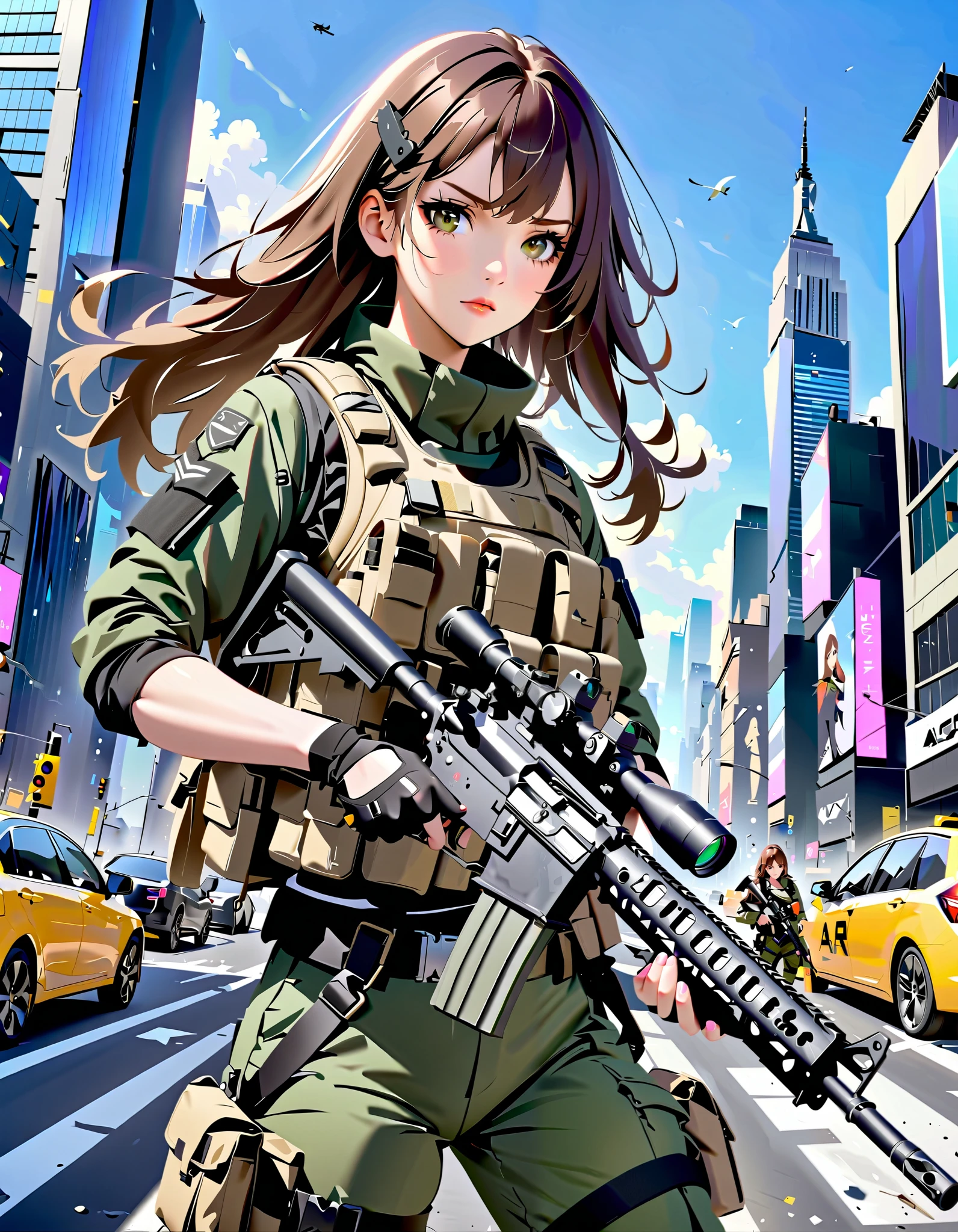 Masterpiece, anime girl with gun in hand and city in background, brown hair, hazel eyes, New York, with AR-15 rifle, tactical fingerless gloves, assault vest, green uniform pants, solo, solo focus, daytime, badass anime 8 k, heavily armed, holding a rifle, girls frontline style, holding rifle, fine details. girls frontline, 4 k manga wallpaper