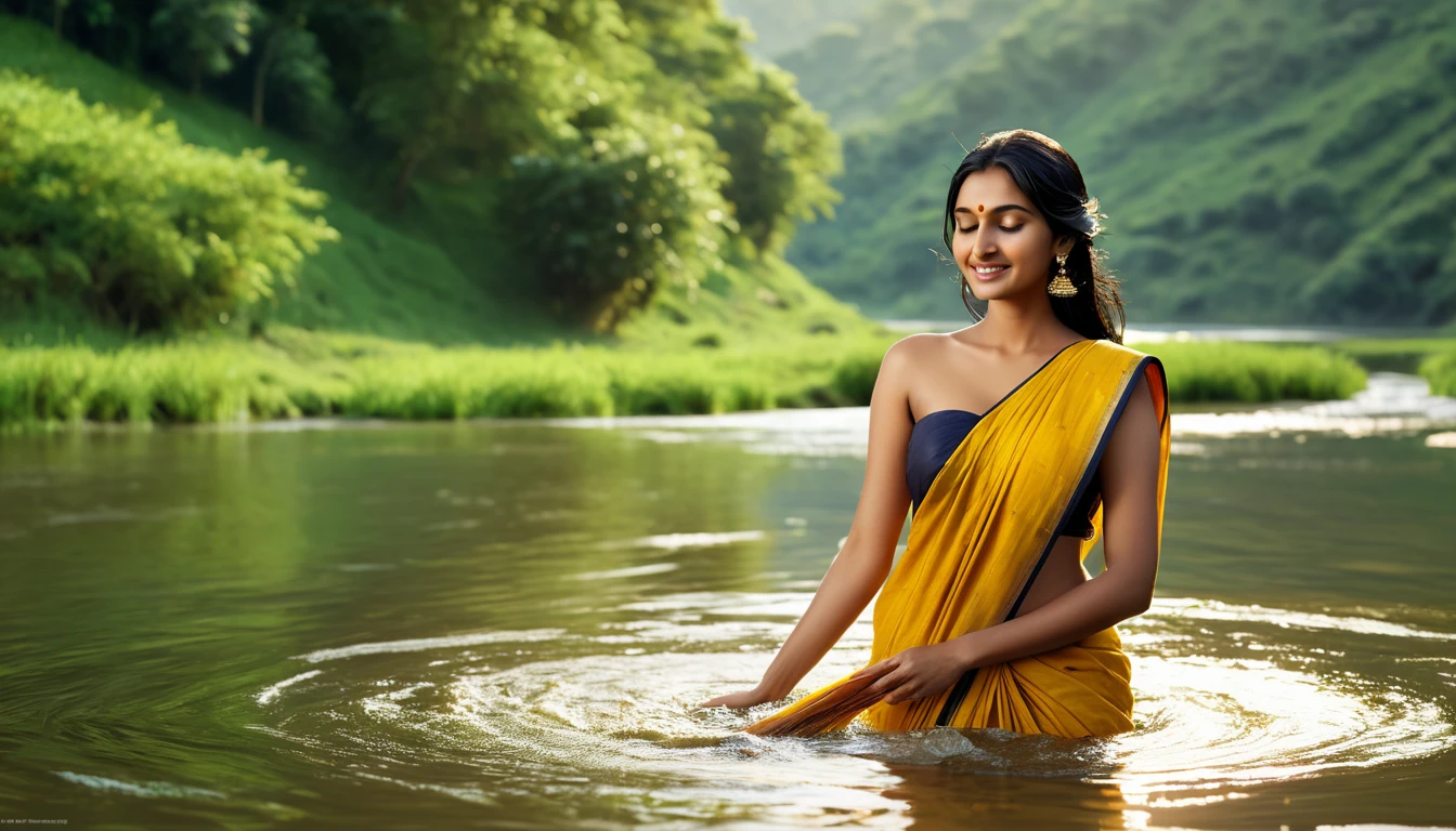 Photorealistic Image of Beautiful half naked Indian woman wearing a saree, taking bath in river Photorealistic image of a beautiful Indian woman with sun-kissed skin and long, black hair tied in a loose bun. She wears a simple yet elegant cotton saree. The woman stands knee-deep in the clear, flowing water of a river, gently scooping water with a brass pot and pouring it over her head. Her eyes are closed in serenity, and a peaceful smile rests on her lips. Background: Lush green hills bordering the river, with the rising sun casting a warm glow on the scene. Camera: Medium shot, 50mm lens, slightly off-center view. Render: High resolution, detailed, natural light, soft focus on background. Big , thick, georgeous, hot