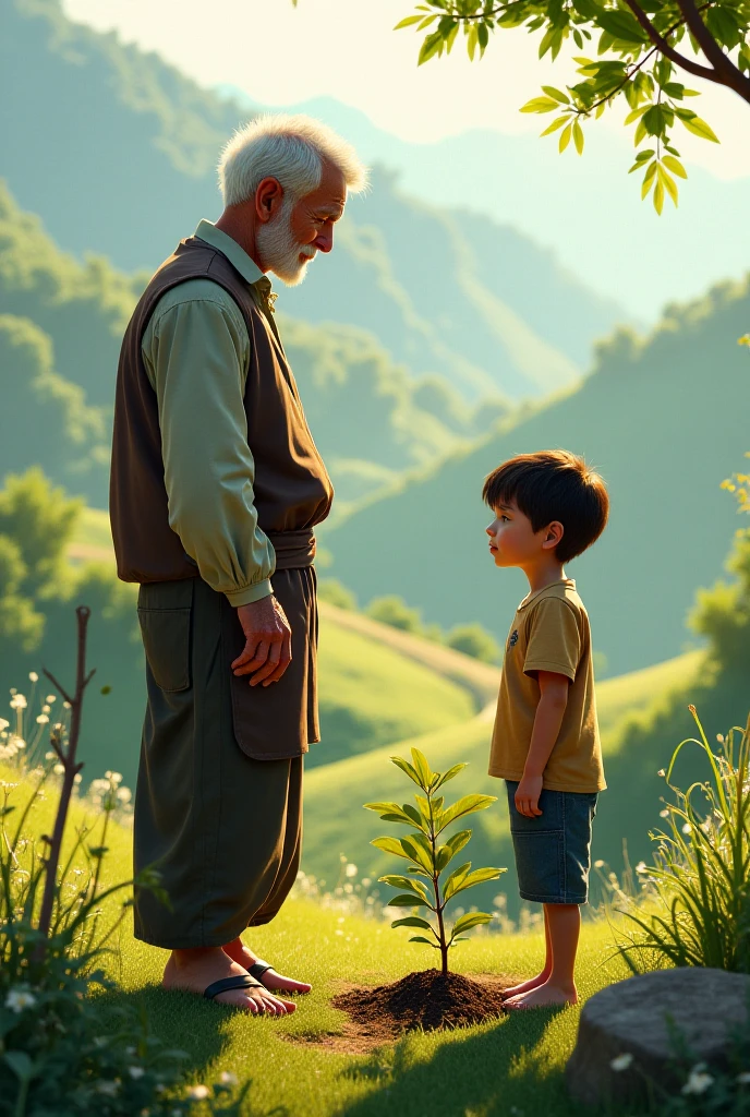 old man sitting under a tree next to a young boy in the forest