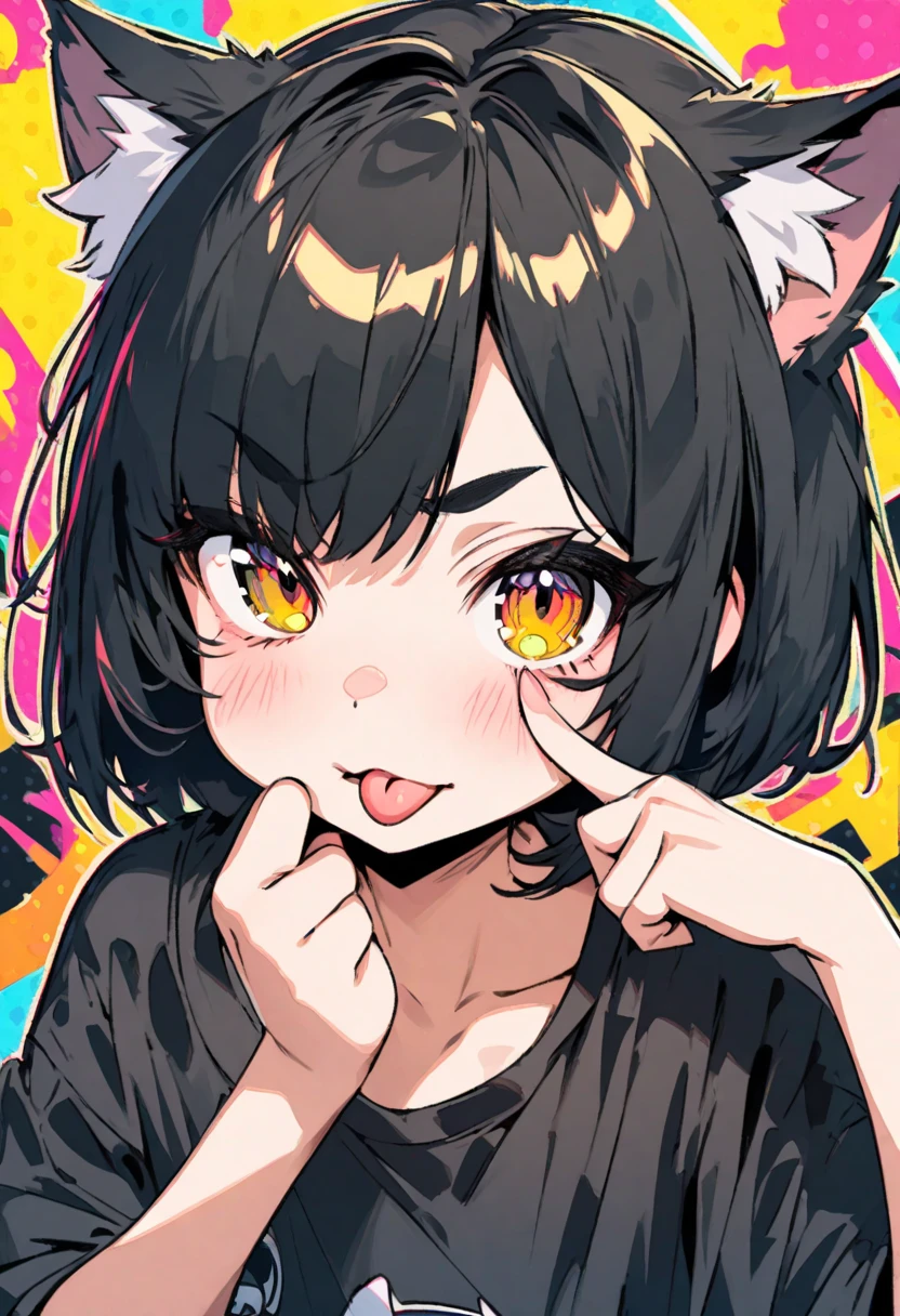 rough sketch manga painting style, cute cat girl, akanbe, eyelid pull, tongue out, finger to eye, hand up, :p, index finger raised, cute facial expression, pop art background, ultra detailed, absolutely resolution, masterpiece