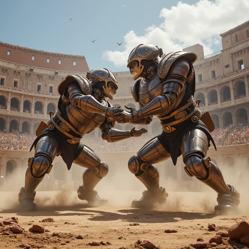 photorealistic,( Mechanical Gladiators Fighting in Ancient Rome's Amphitheatre),(Ancient Roman Armor 　Attire),