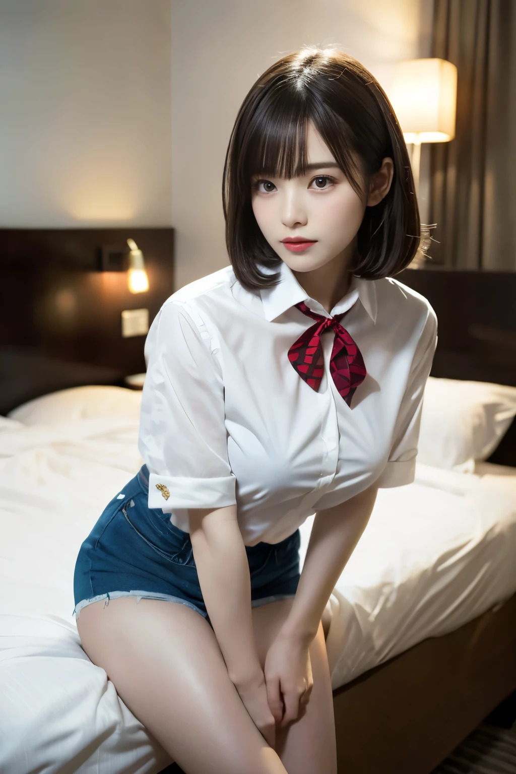 (On the table, best quality:1.2), 8K, Official Art, RAW photos, Ezvian is everywhere、look up、Skinny、16 years old、(Small white、Transparent camisole), beautiful girl, Pretty Face, lean back、golden decoration in hair, Purple, teenager, floor, View your audience, Film Grain, Chromatic Aberration, Clear focus, face light, Dynamic Lighting, theater lighting, Eyes and facial details, Bokeh background, (1 crimson bow tie:1.2)